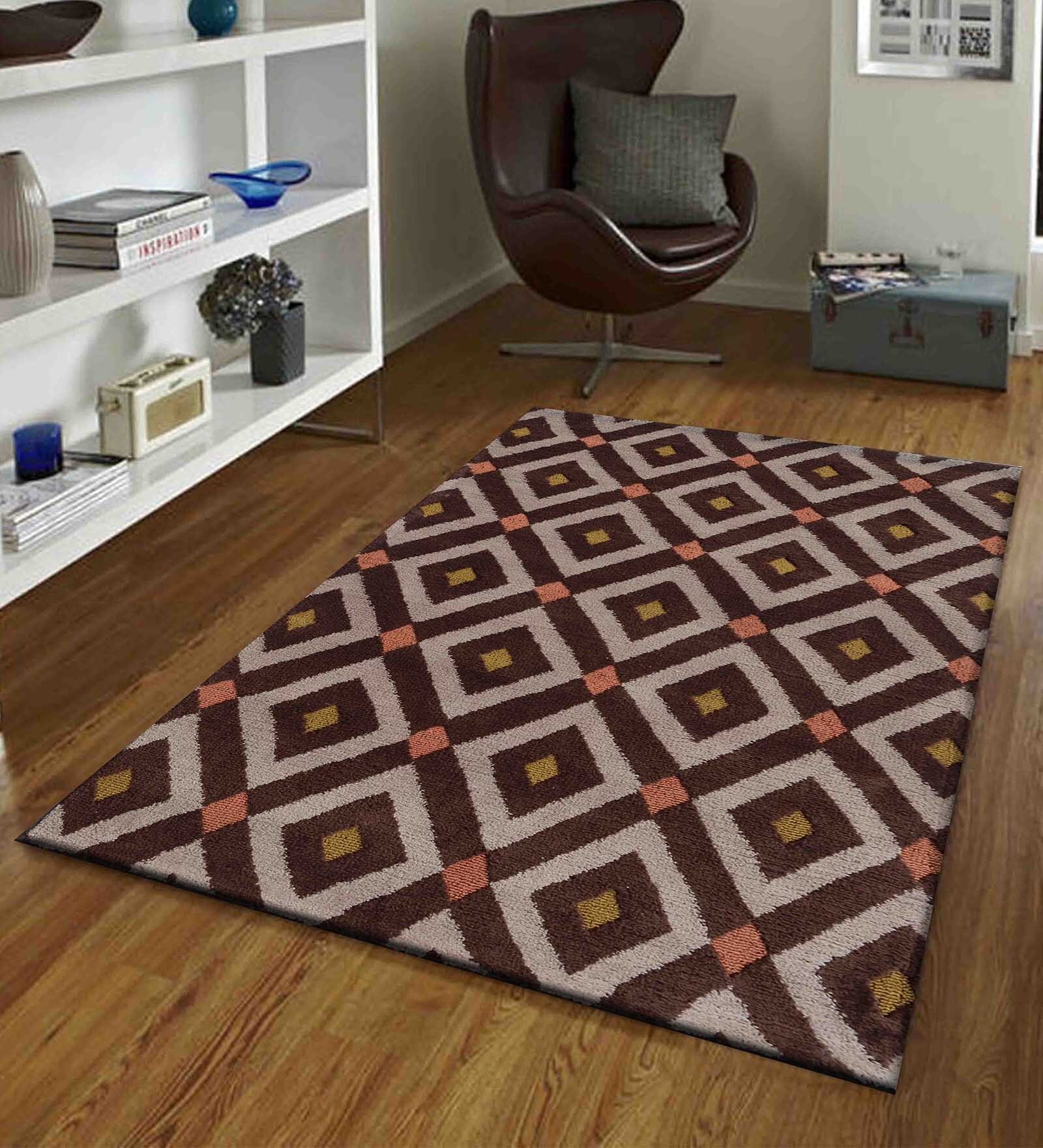 Brown Polyester Geometrical 4 x 6 Feet Machine Made Carpet