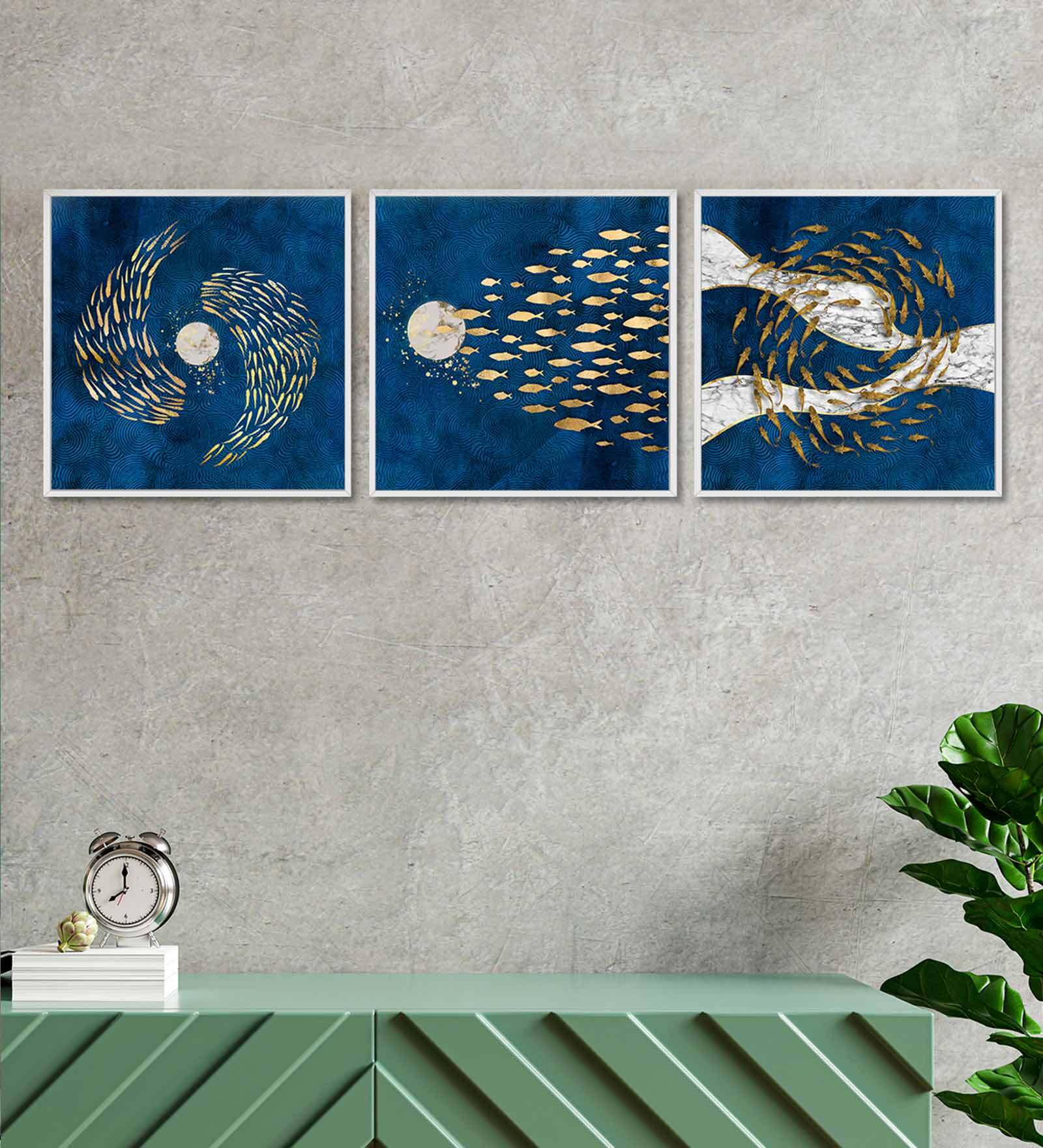 Abstract Blue Canvas Framed People and Places Art Panels Set of 3