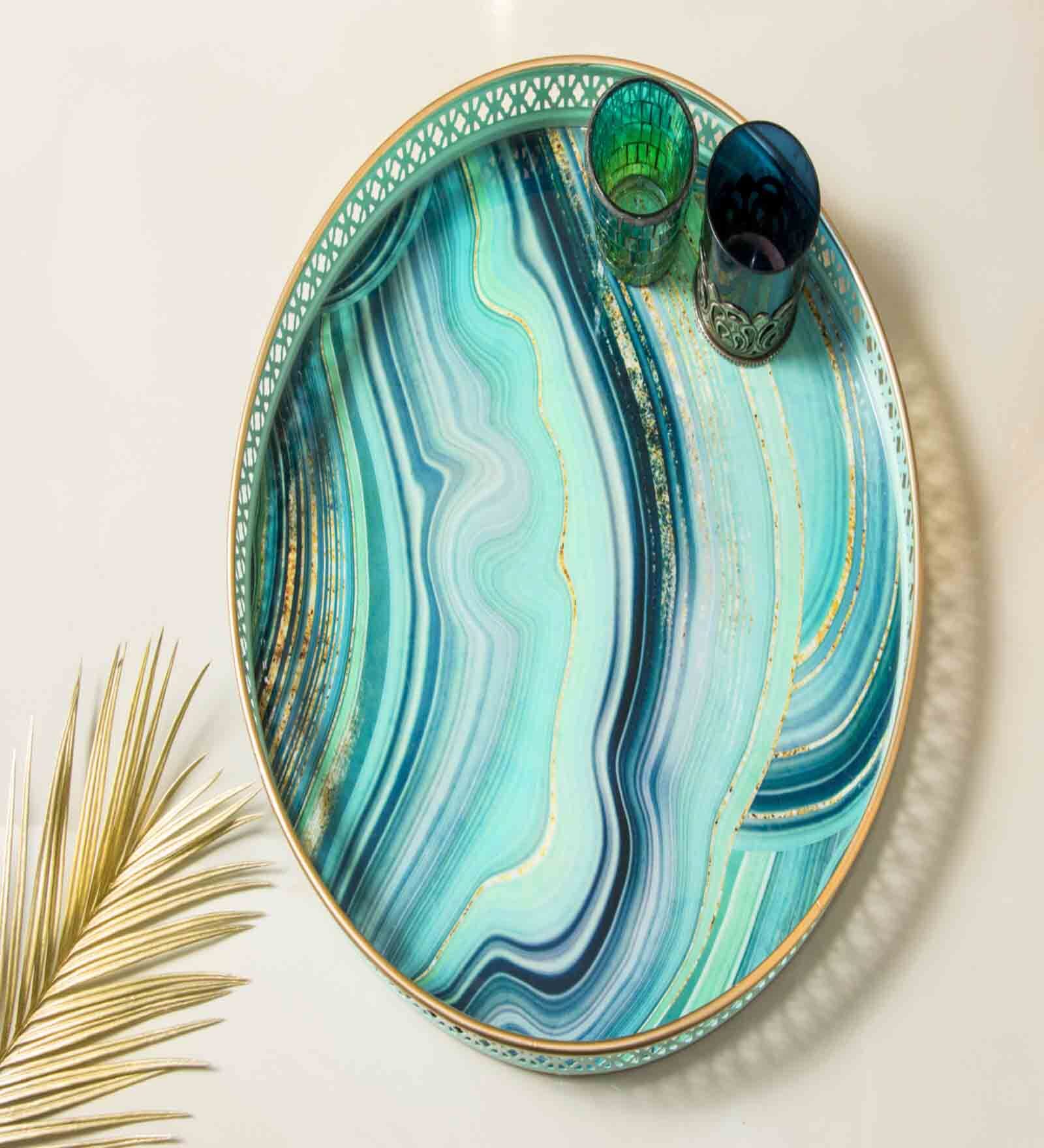 Abstract Blue Iron Round Serving Tray