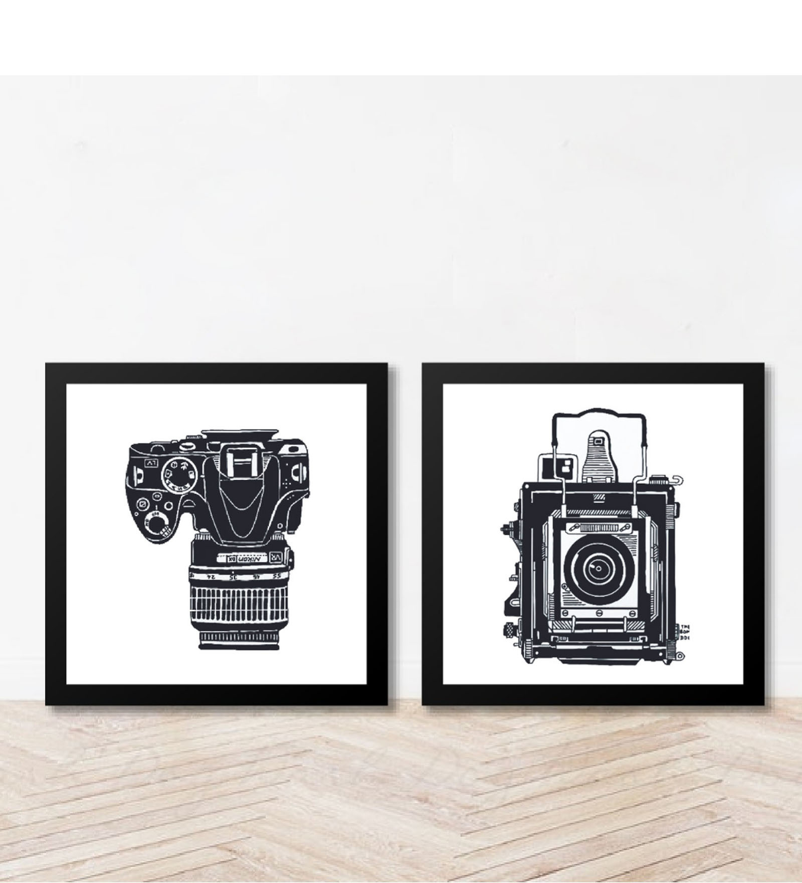 Camera White Paper & Wood Framed Art Print Set of 2