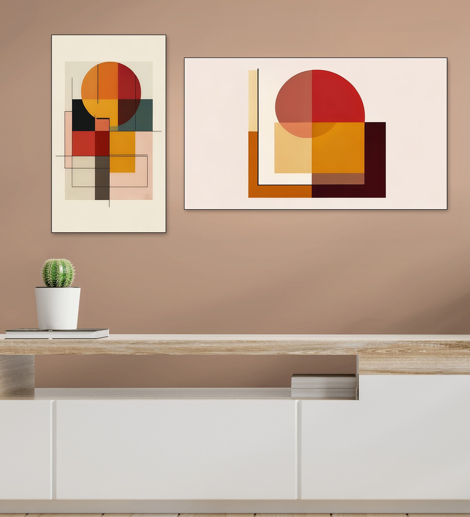 Abstract Circle and Square Prints Set of 4 Canvas Wall Painting Black Frame