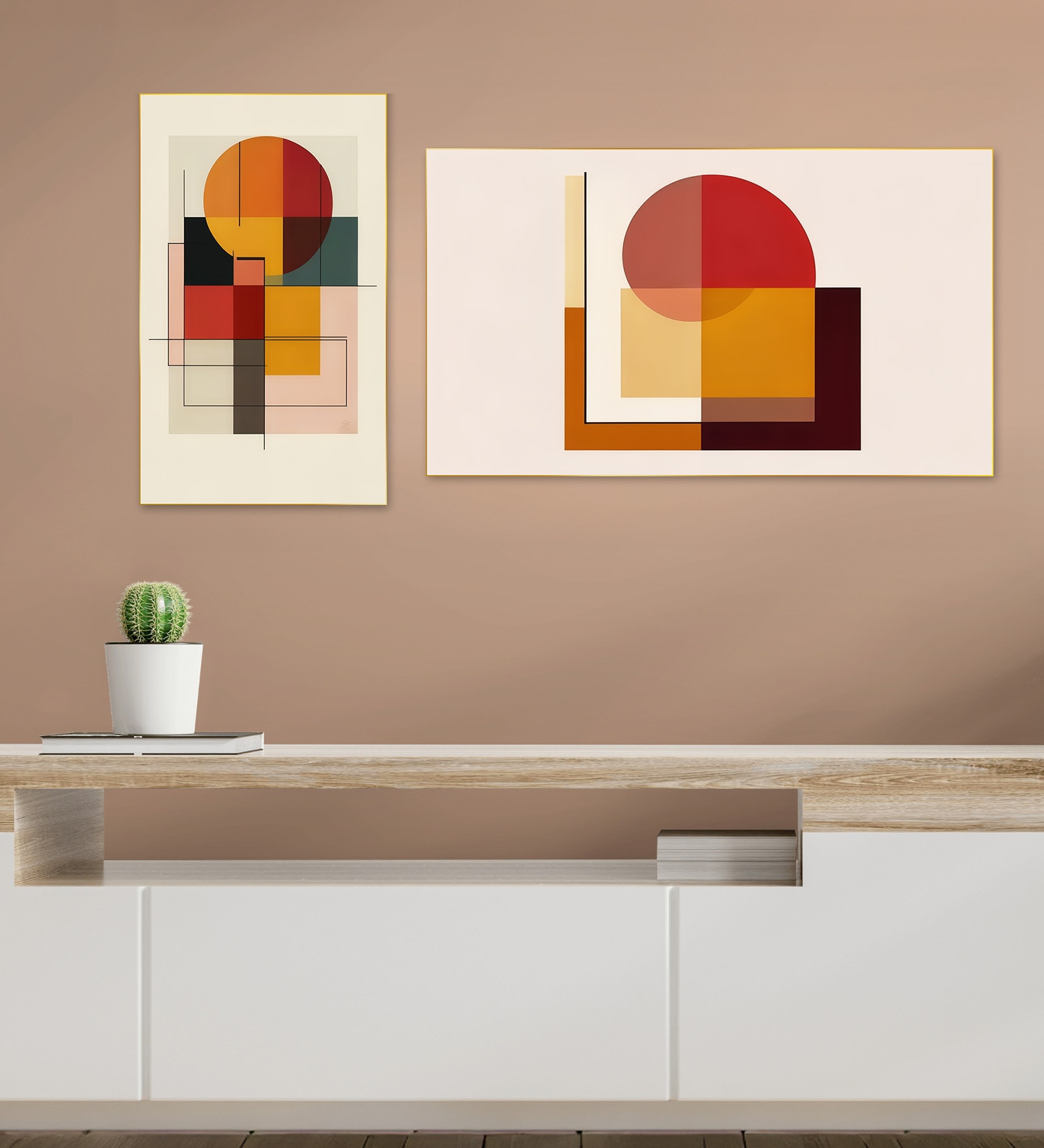 Abstract Circle and Square Prints Set of 4 Canvas Wall Painting Gold Frame