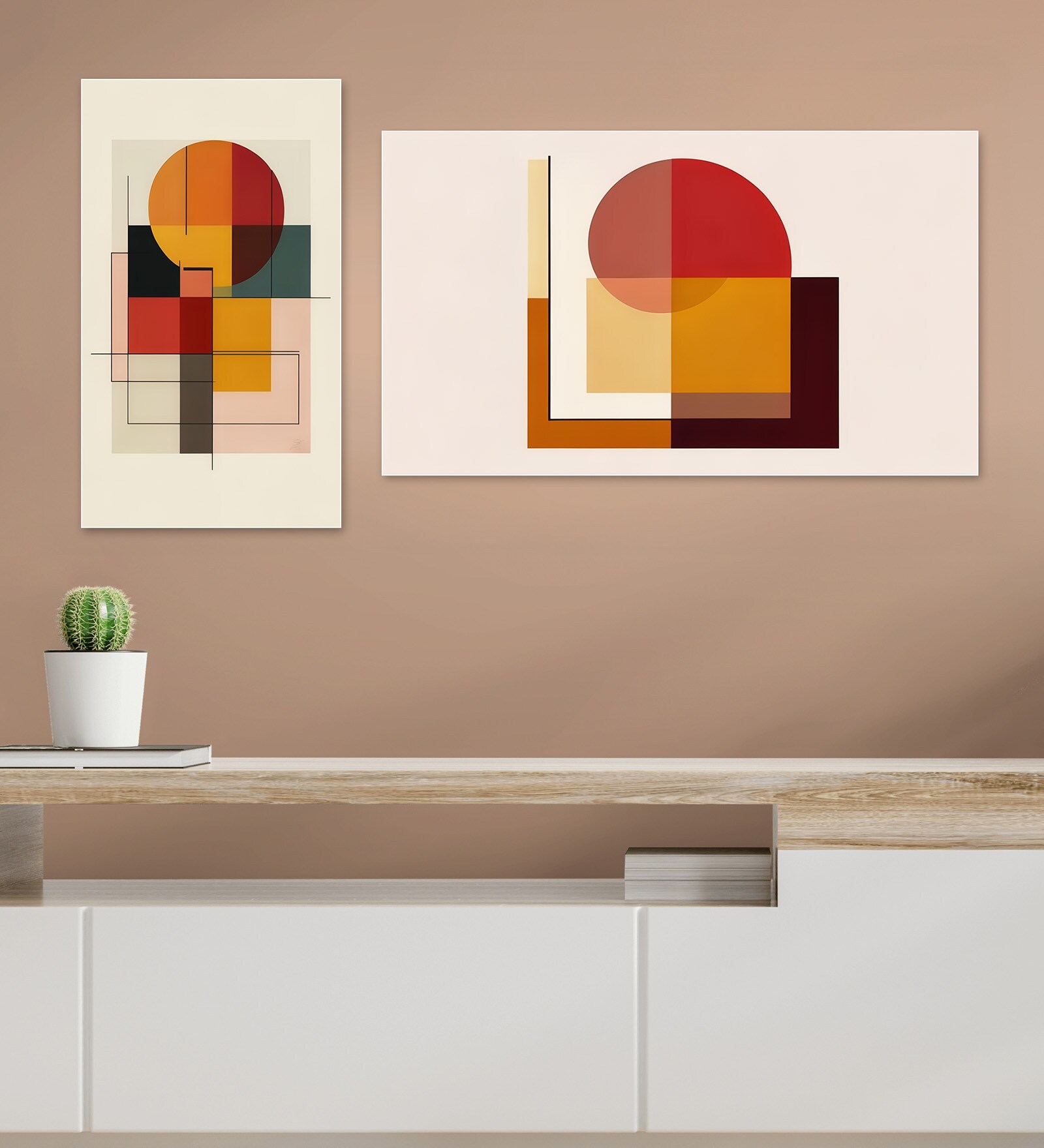 Abstract Circle and Square Prints Set of 4 Canvas Wall Painting White Frame