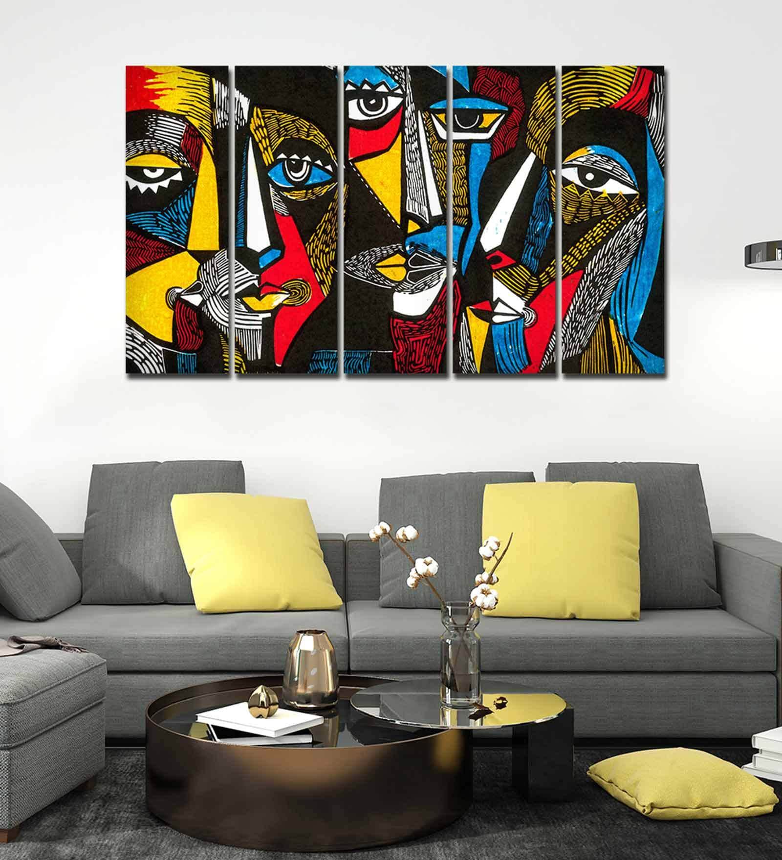 Abstract Faces Multicolour Canvas Framed People & Places Art Panel Set of 5