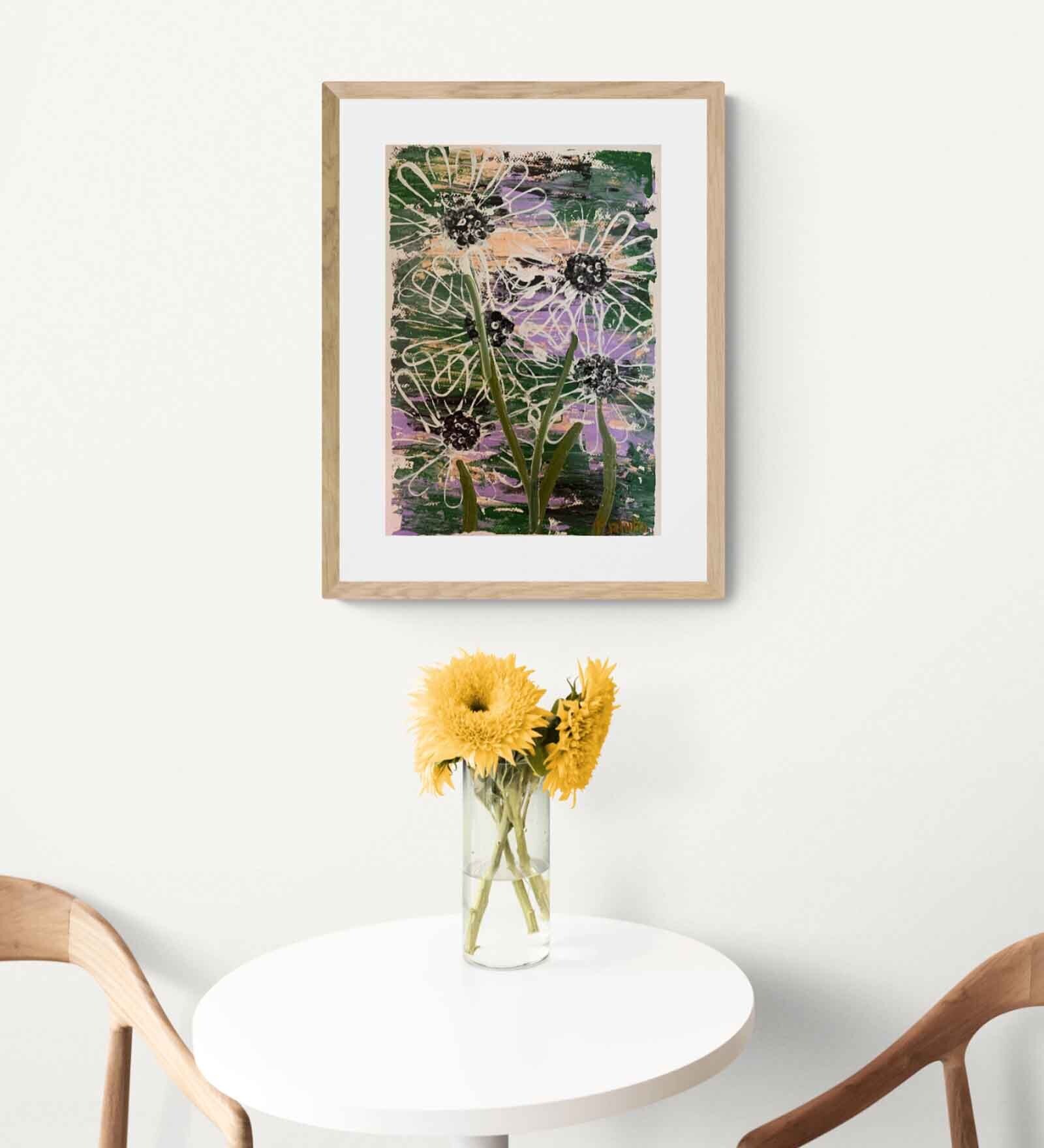 Abstract Flowers On Ragged Green Handmade Acrylic Paint On Canvas Unframed