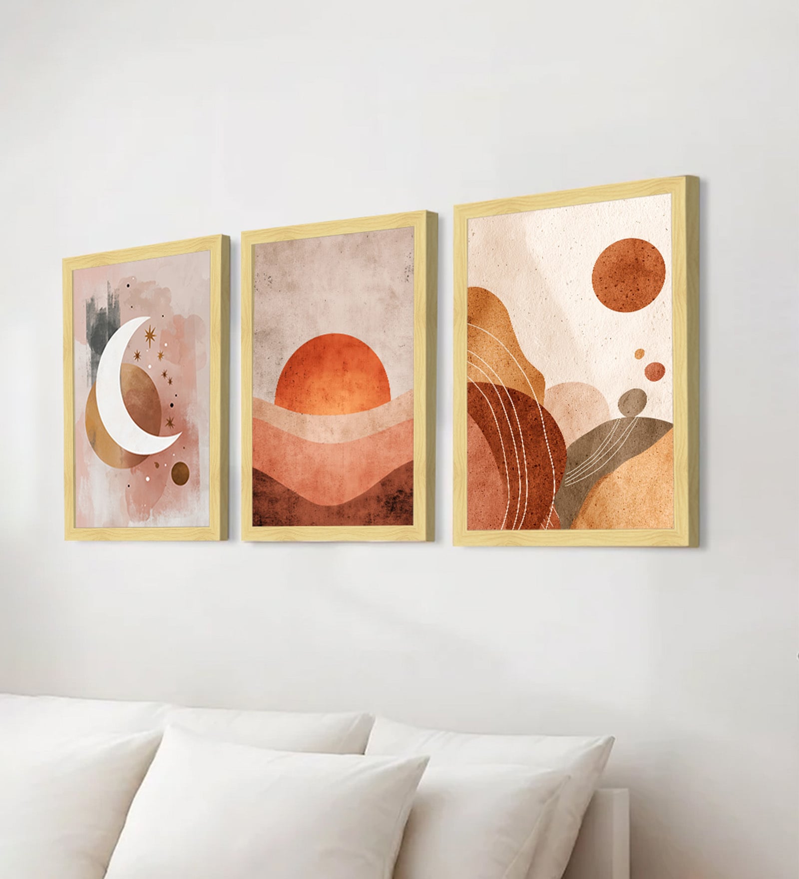 Modern Geometric Wall Art Framed Set of 3 with Wooden Frame