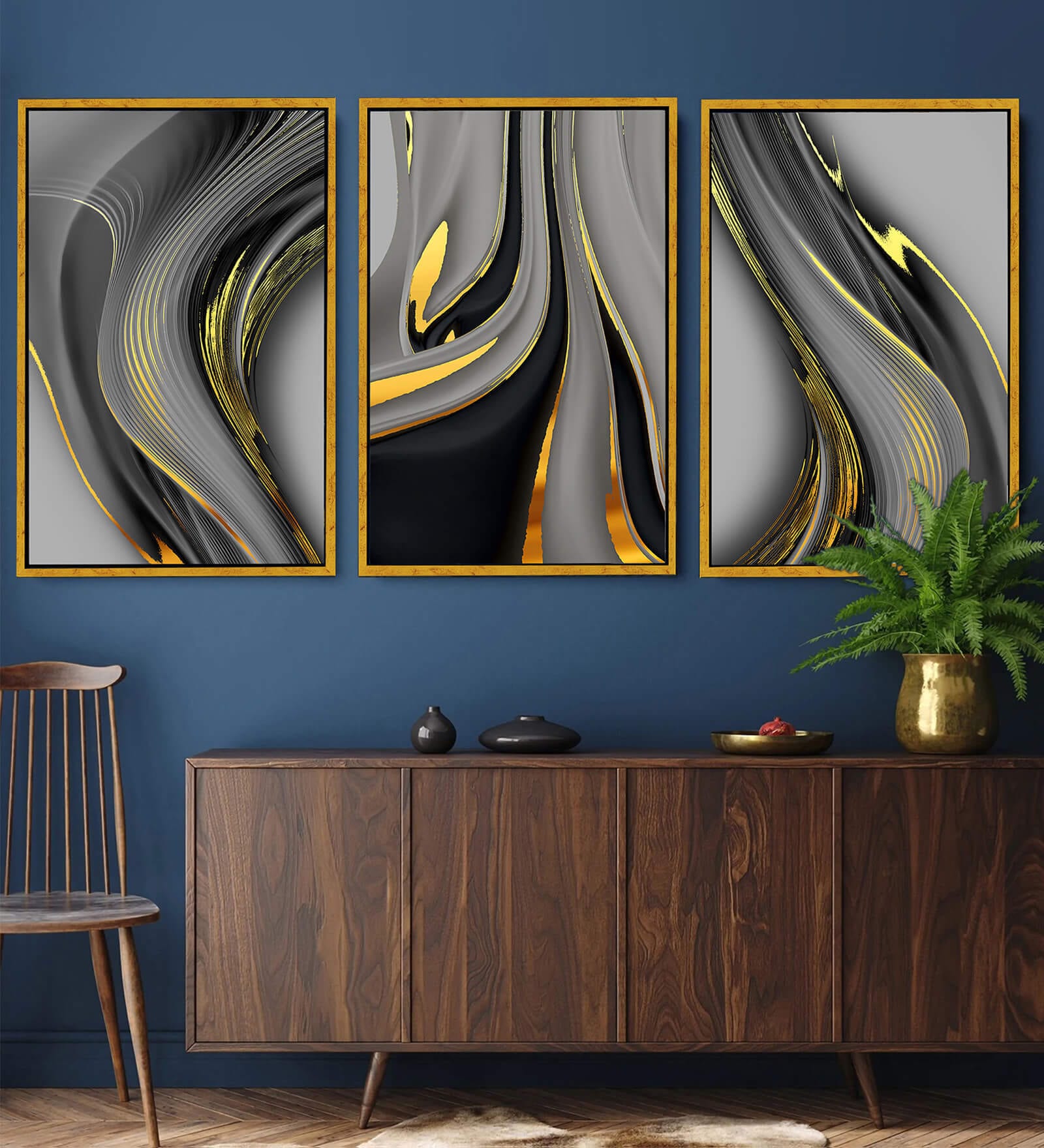 Abstract Gold Foil Lines Art Gray Ribbon Canvas Painting Wall Art Picture Framed Wall Art Prints