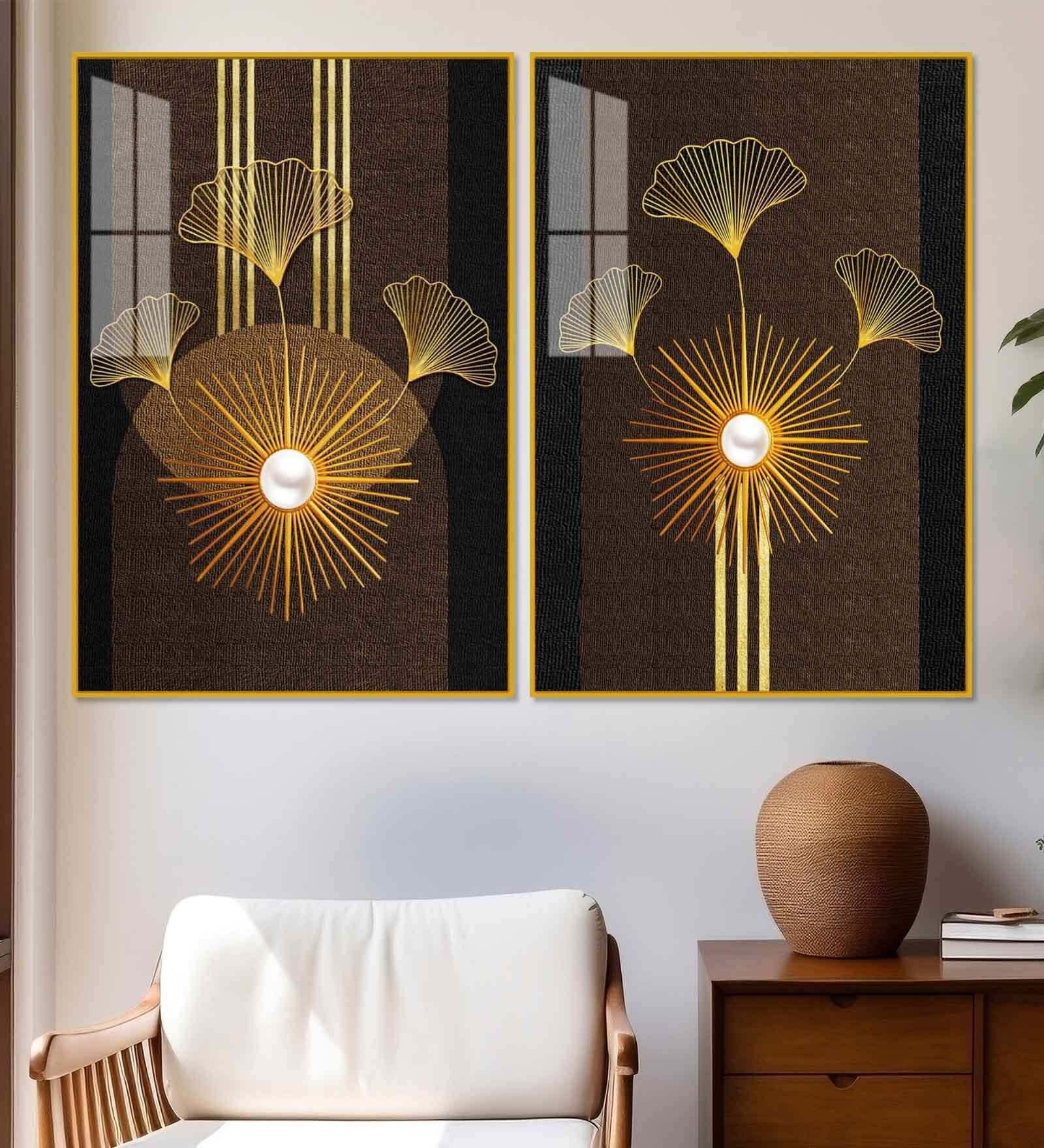 Abstract Golden Ginkgo Leaf Acrylic Art Framed Art Panel (Set Of 2)