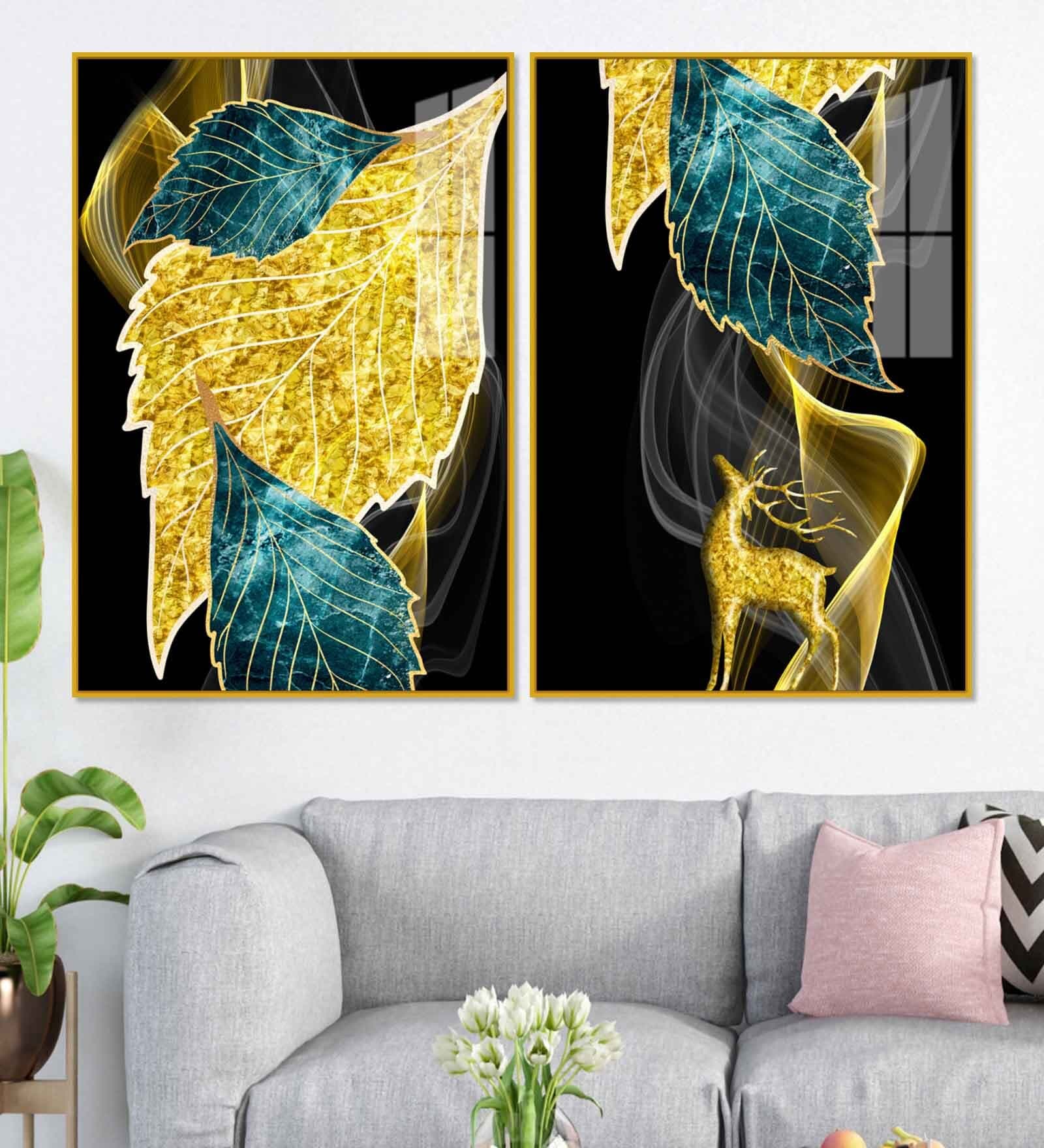 Abstract Golden Leaves Feathers Acrylic Framed Art Panel (Set Of 2)