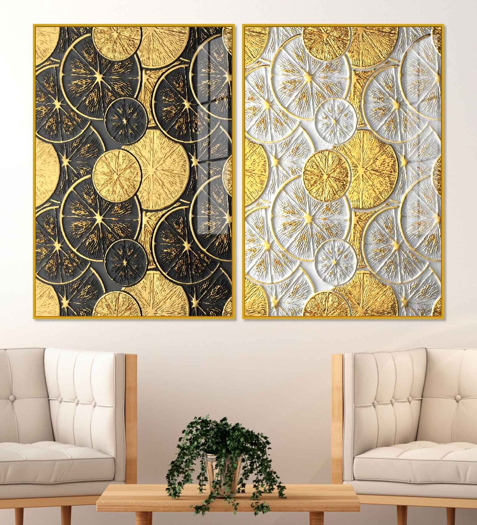 Abstract Golden Shapes Art Acrylic Framed Art Panel (Set Of 2)