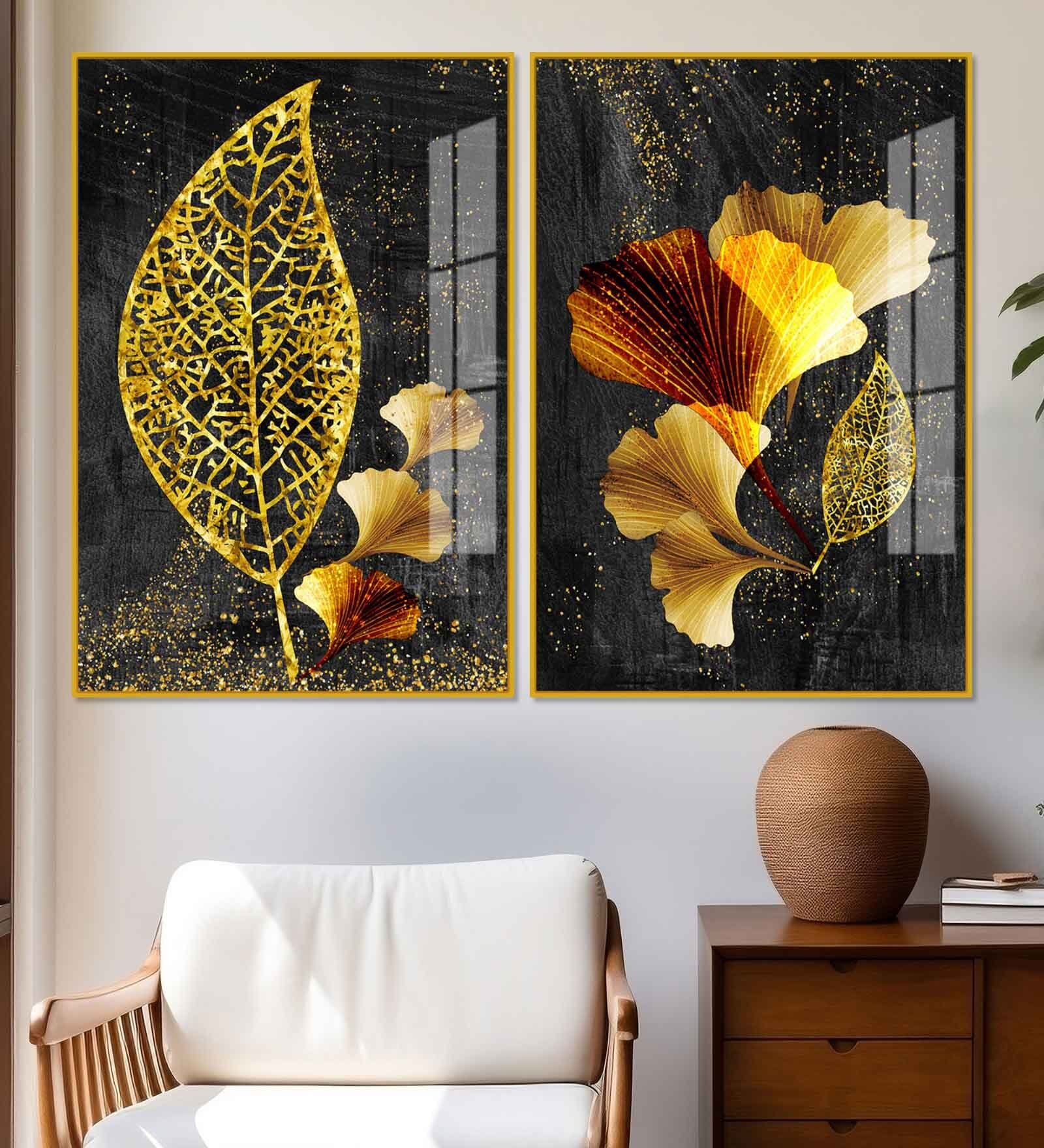 Abstract Golden Shiny Ginkgo Leaf Acrylic Framed Art Panel (Set Of 2)