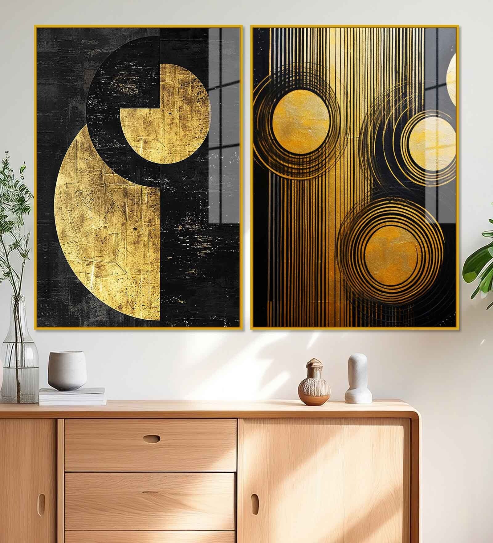 Abstract Golden Textured Line Art Acrylic Framed Art Panel (Set Of 2)