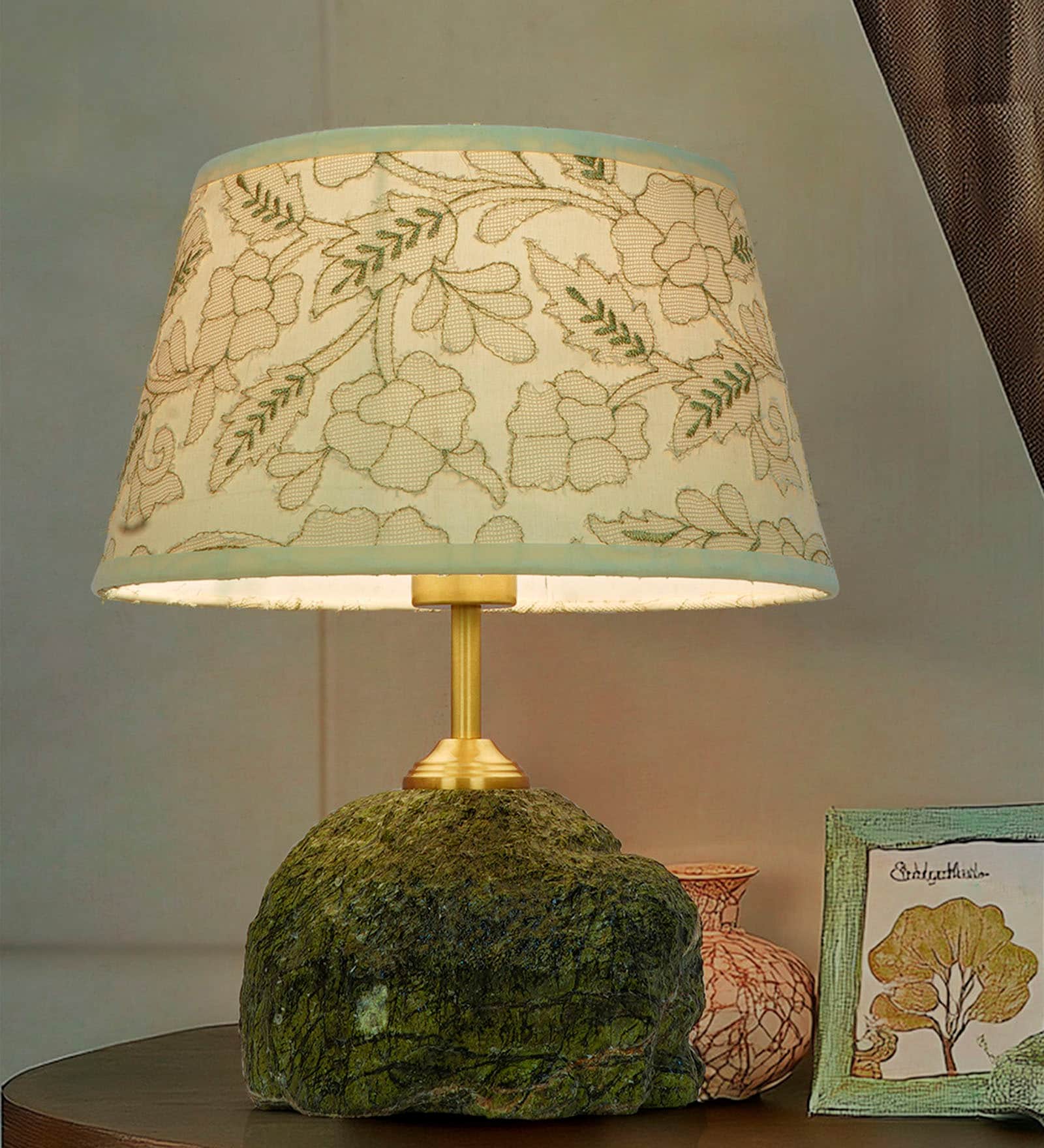 Abstract Green Bidasar Marble Table Lamp with Embroidered Shade