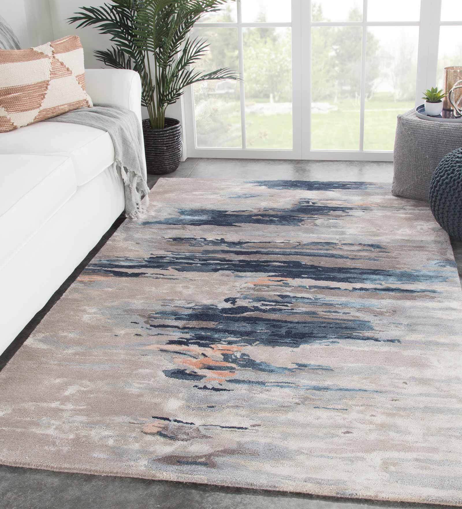Blue Abstract Wool And Viscose 8 ft x 10 ft Hand Tufted Carpet