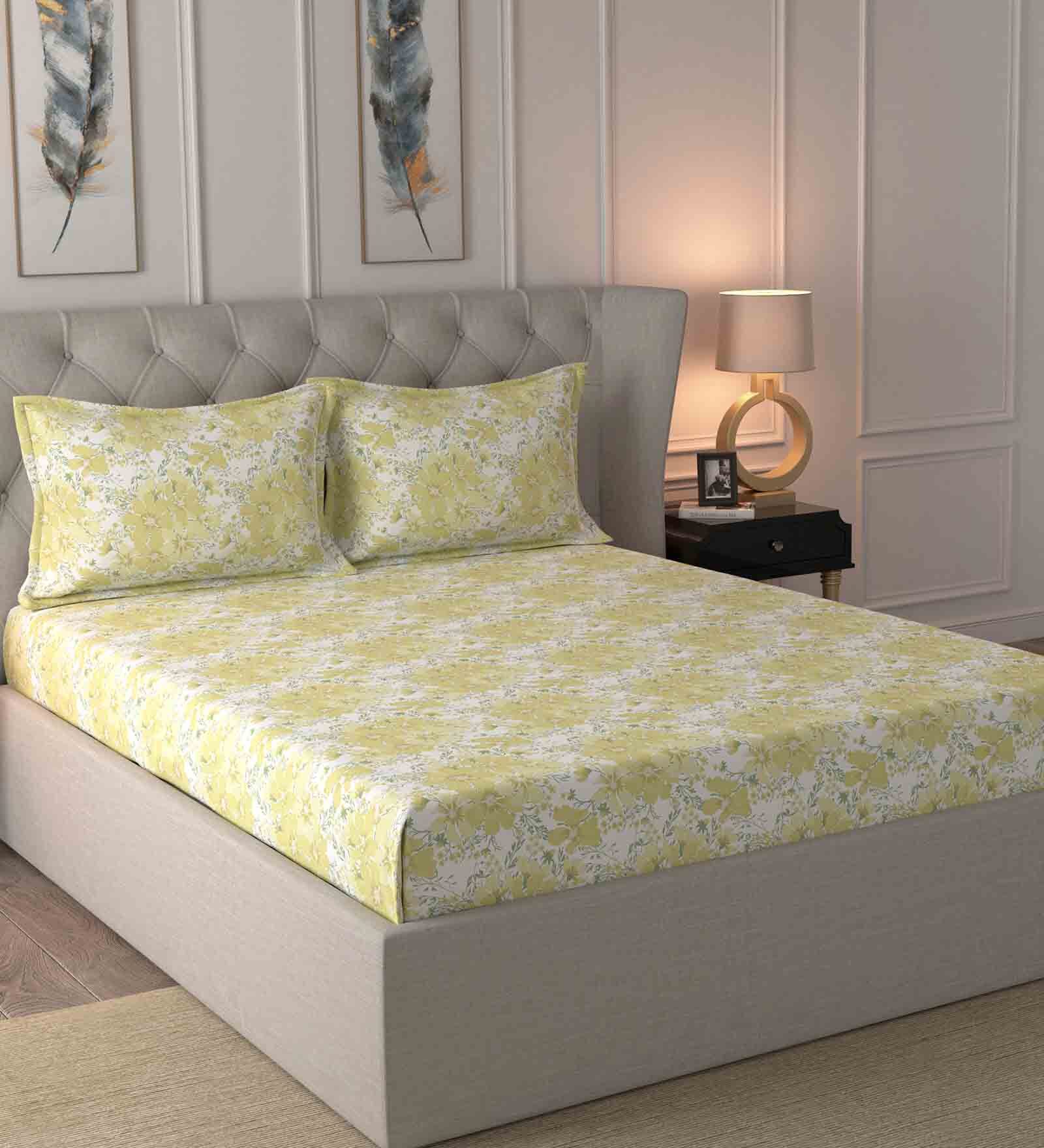 Buy Yellow Floral 210 TC Cotton 1 Double Bedsheet with 2 Pillow Covers