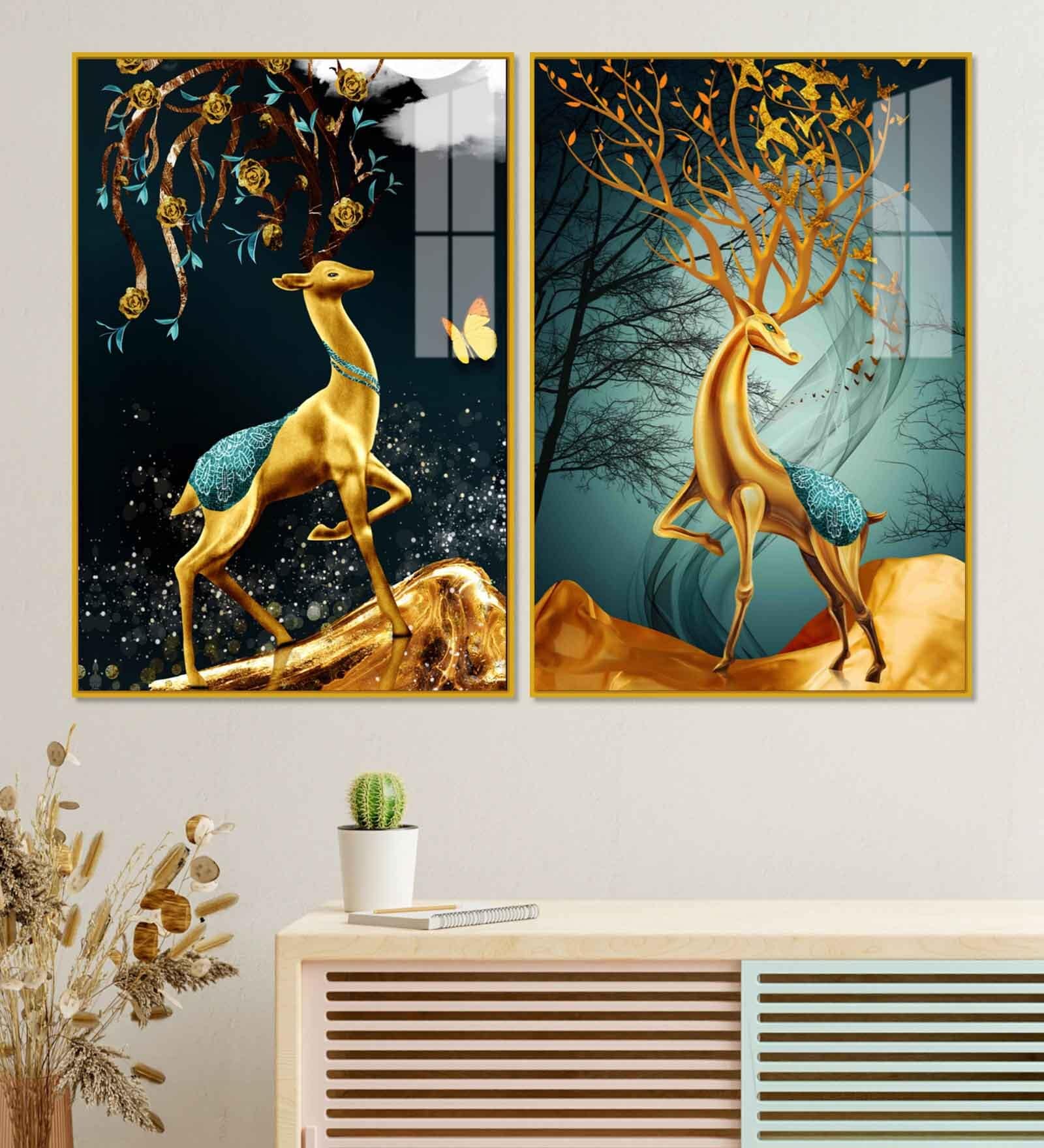 Abstract Luxury Golden Deer Acrylic Art Framed Art Panel (Set Of 2)