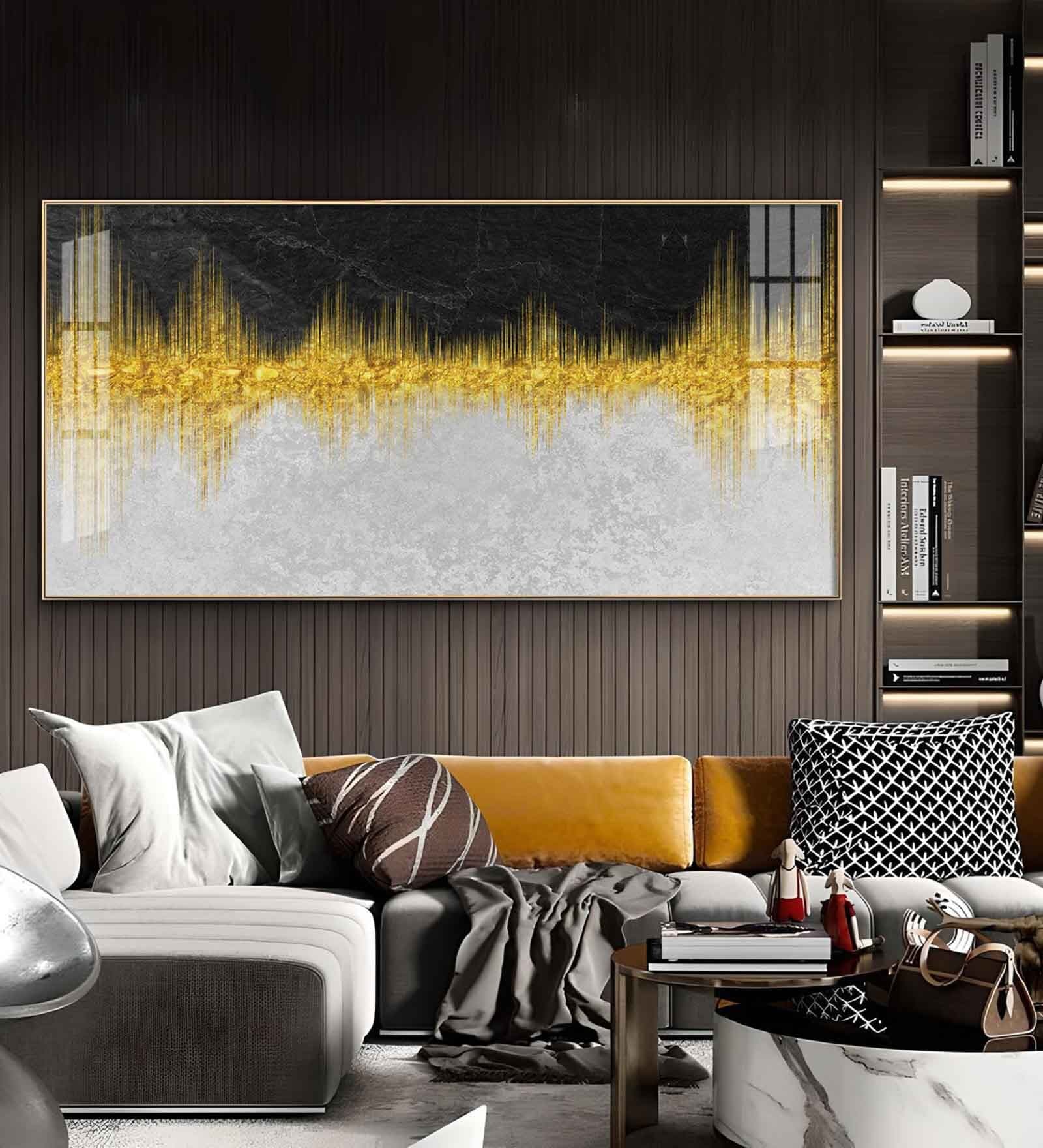 Abstract Marble Golden Black Glass Finish Horizontal Wall Art
