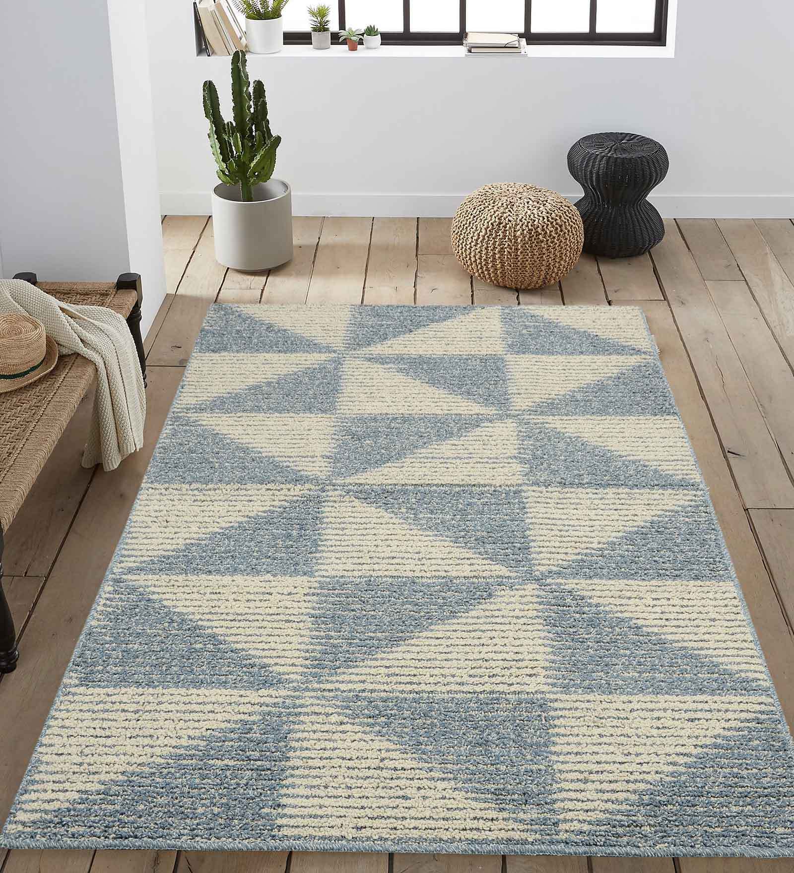 Blue Cotton Geometrical 4  x 6  Feet Machine Made Carpet