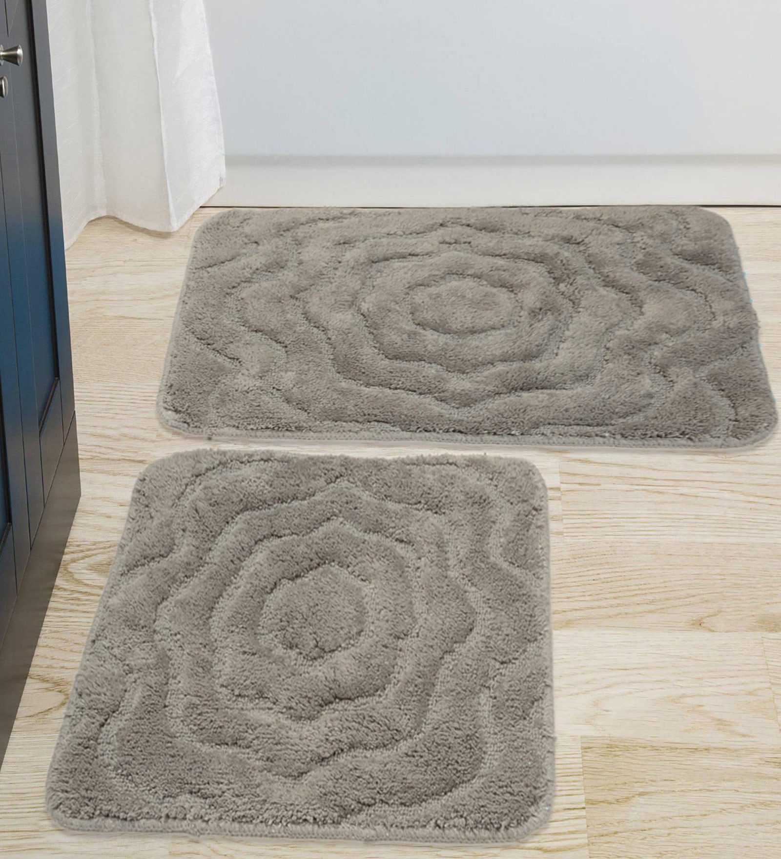 Grey Floral Cotton 24x18 Inches AntiSkid Bath Mat (Set of 2)