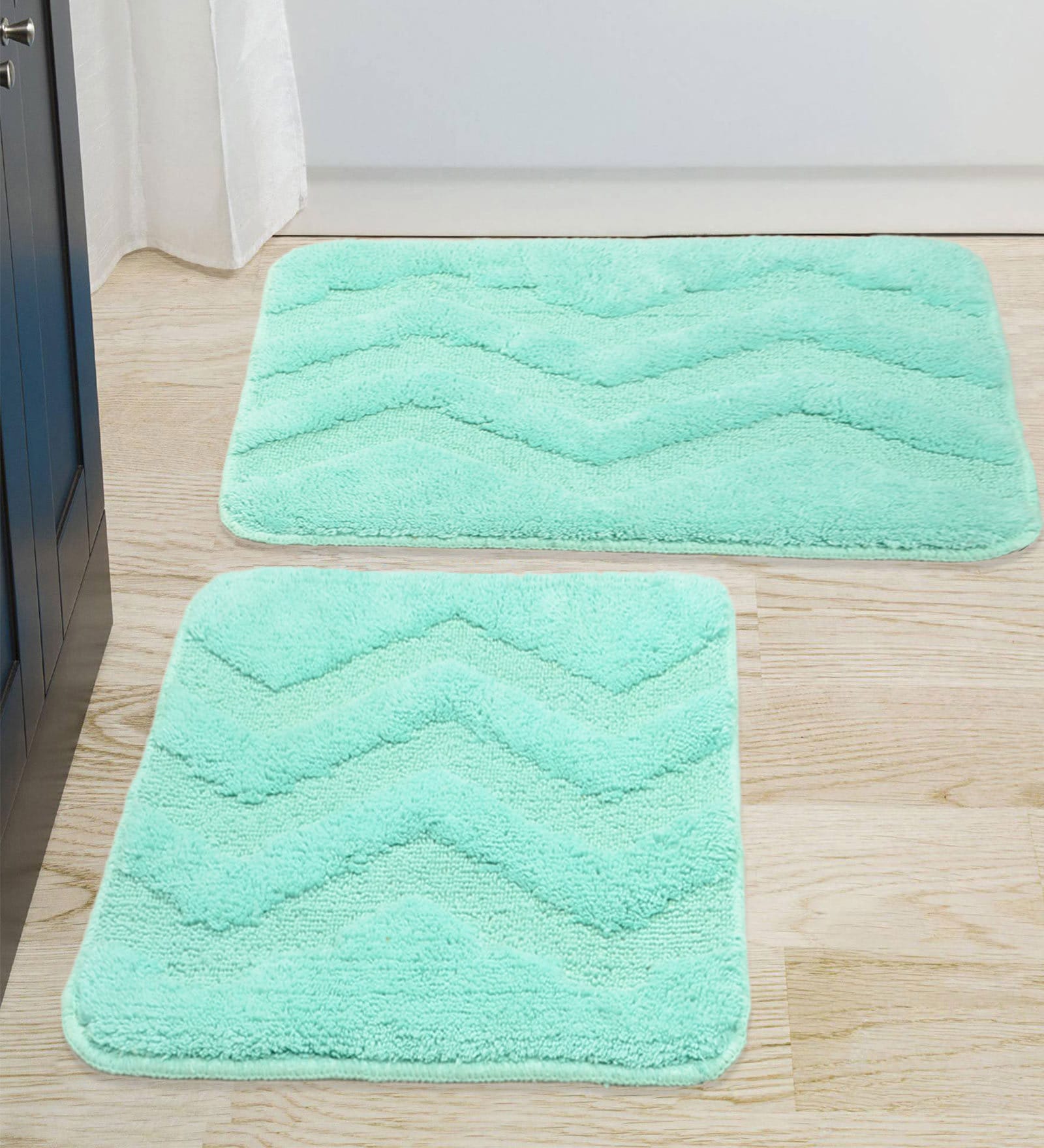 Buy Blue Geometric Cotton 24x18 Inches AntiSkid Bath Mat (Set of 2) by