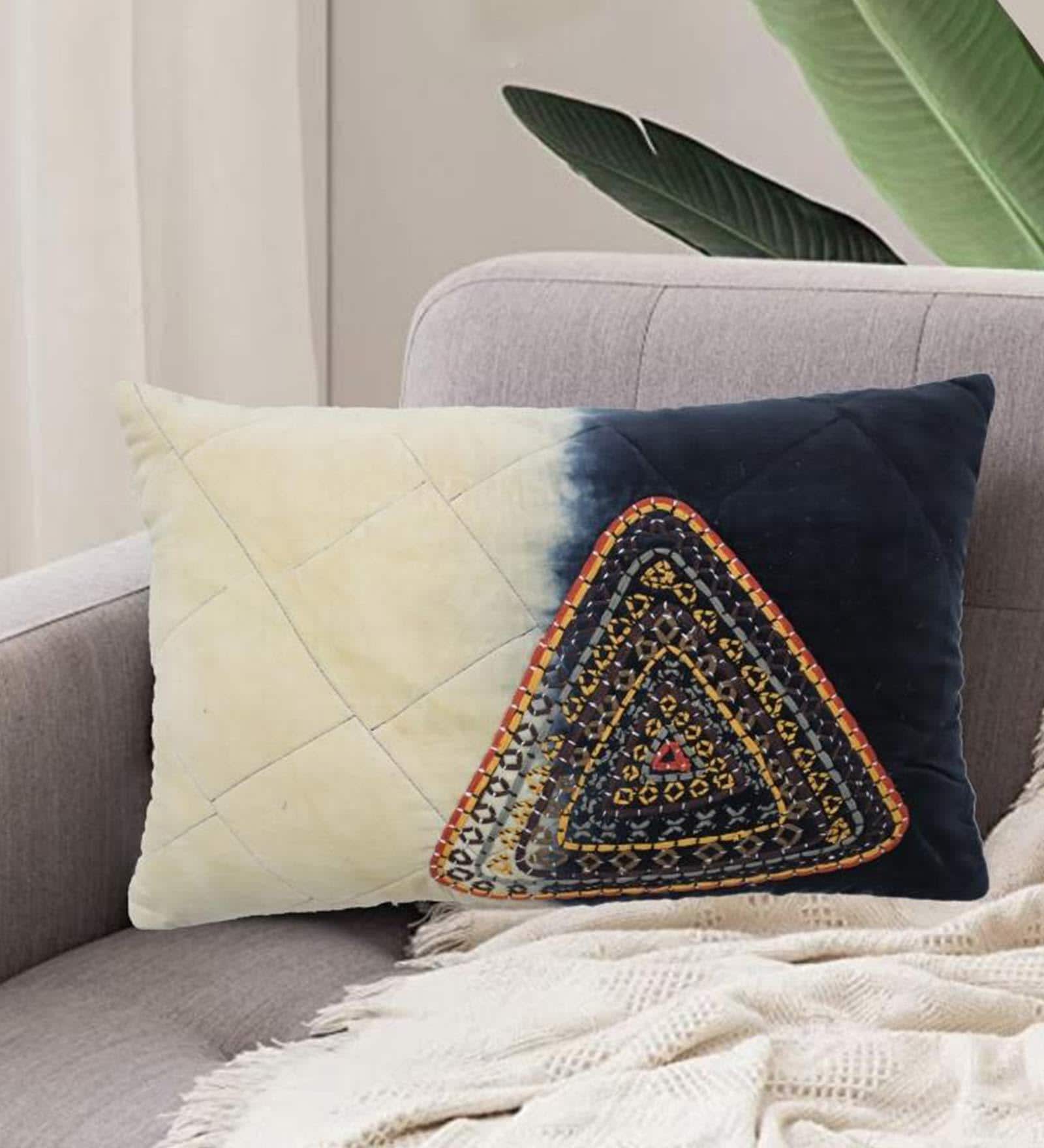 Blue Textured Cotton 16 x 24 Inches Embroidered Cushion Cover Blue Textured Cotton 16 x 24 Inches Embroidered Cushion Cover