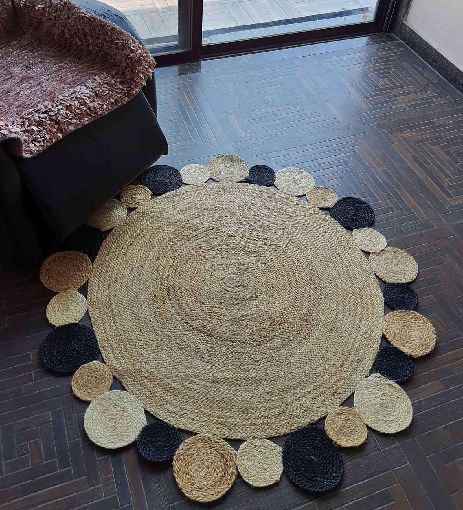 Beige and Black Geometrical Jute Hand Woven 4 X 4 Feet Round Carpet