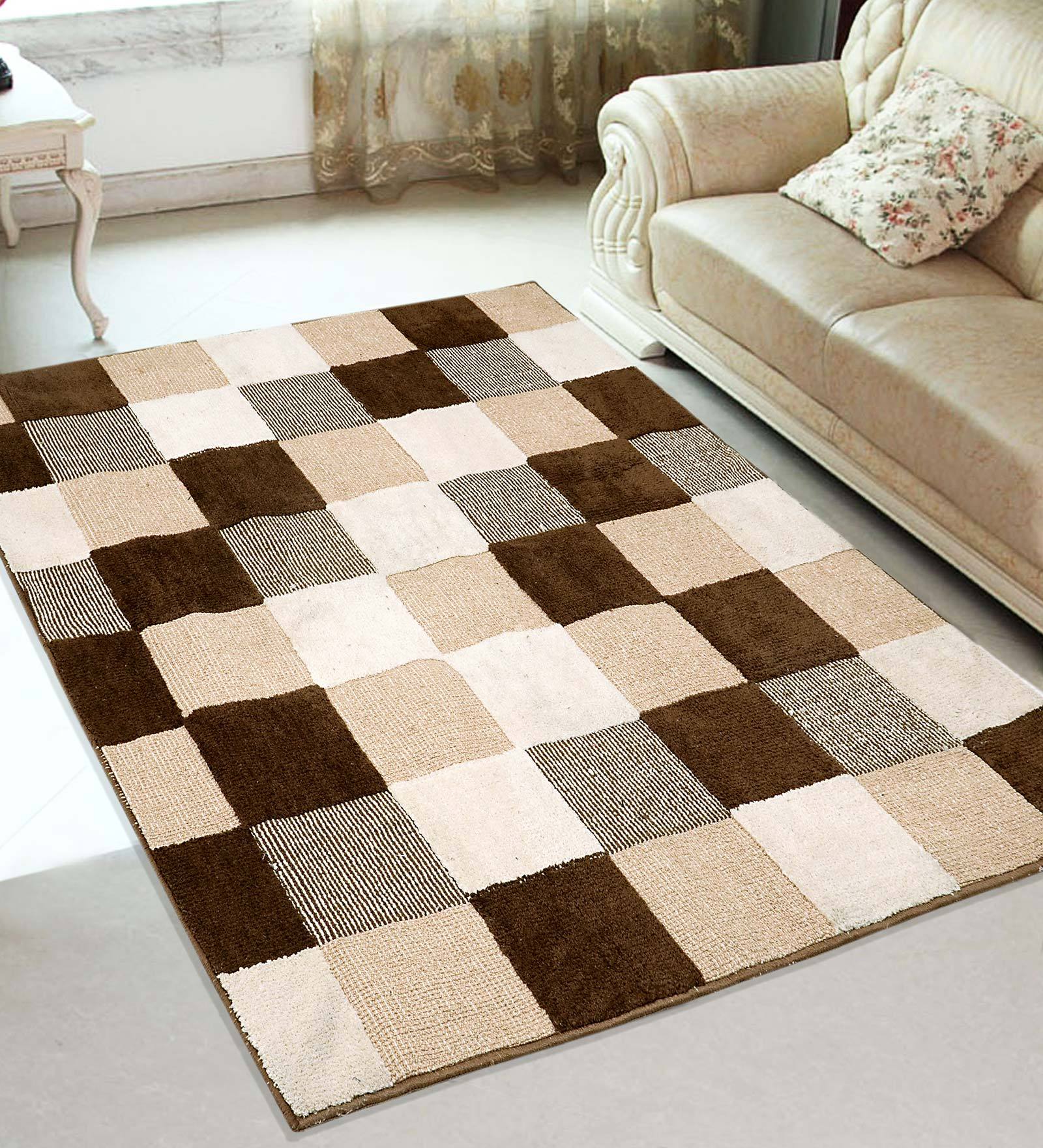 Brown Microfibre Geometrical 4 x 6 Feet Machine Made Carpet