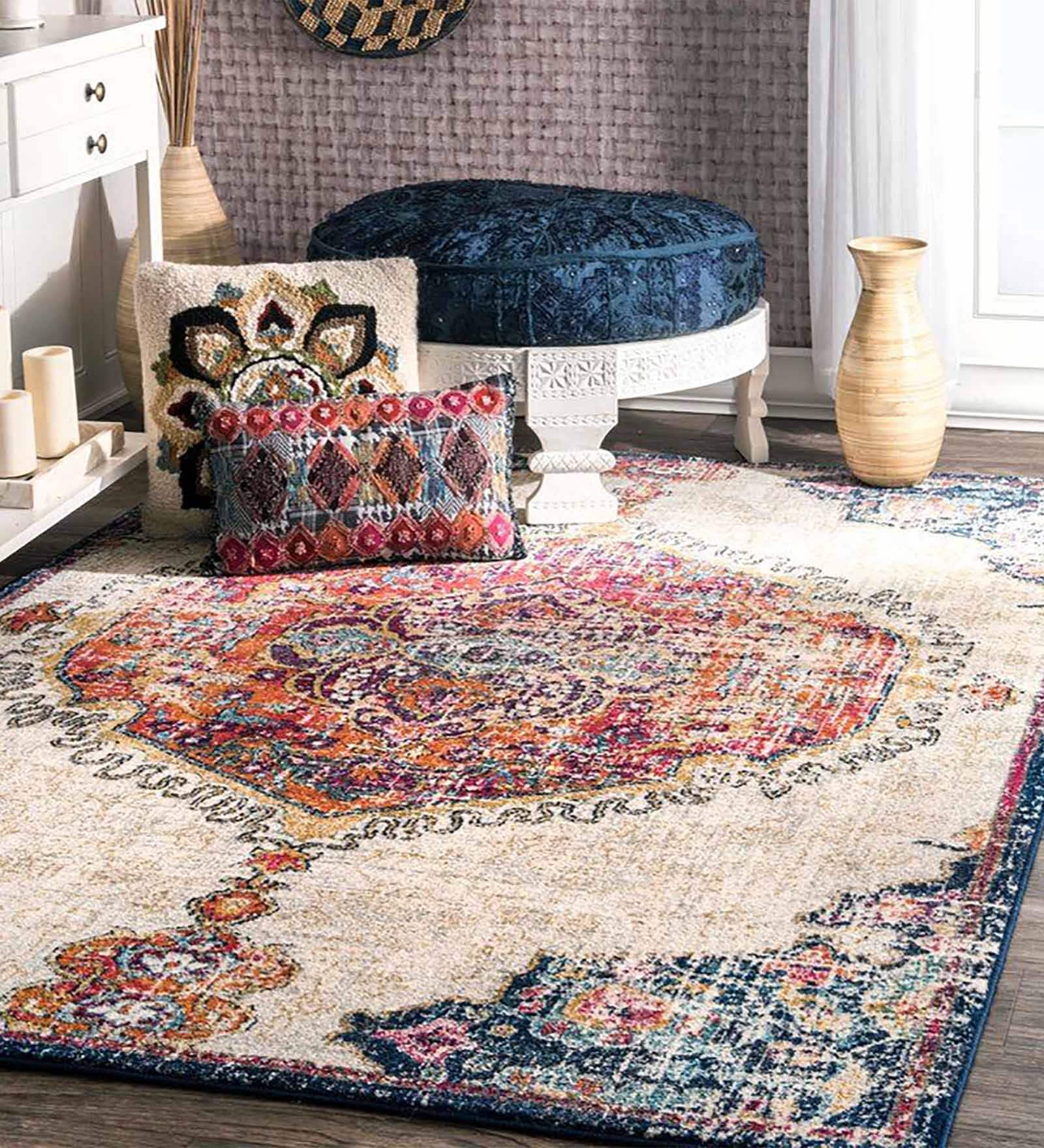 Blue Persian Polyester 4 ft x 6 ft Machine Made Carpet