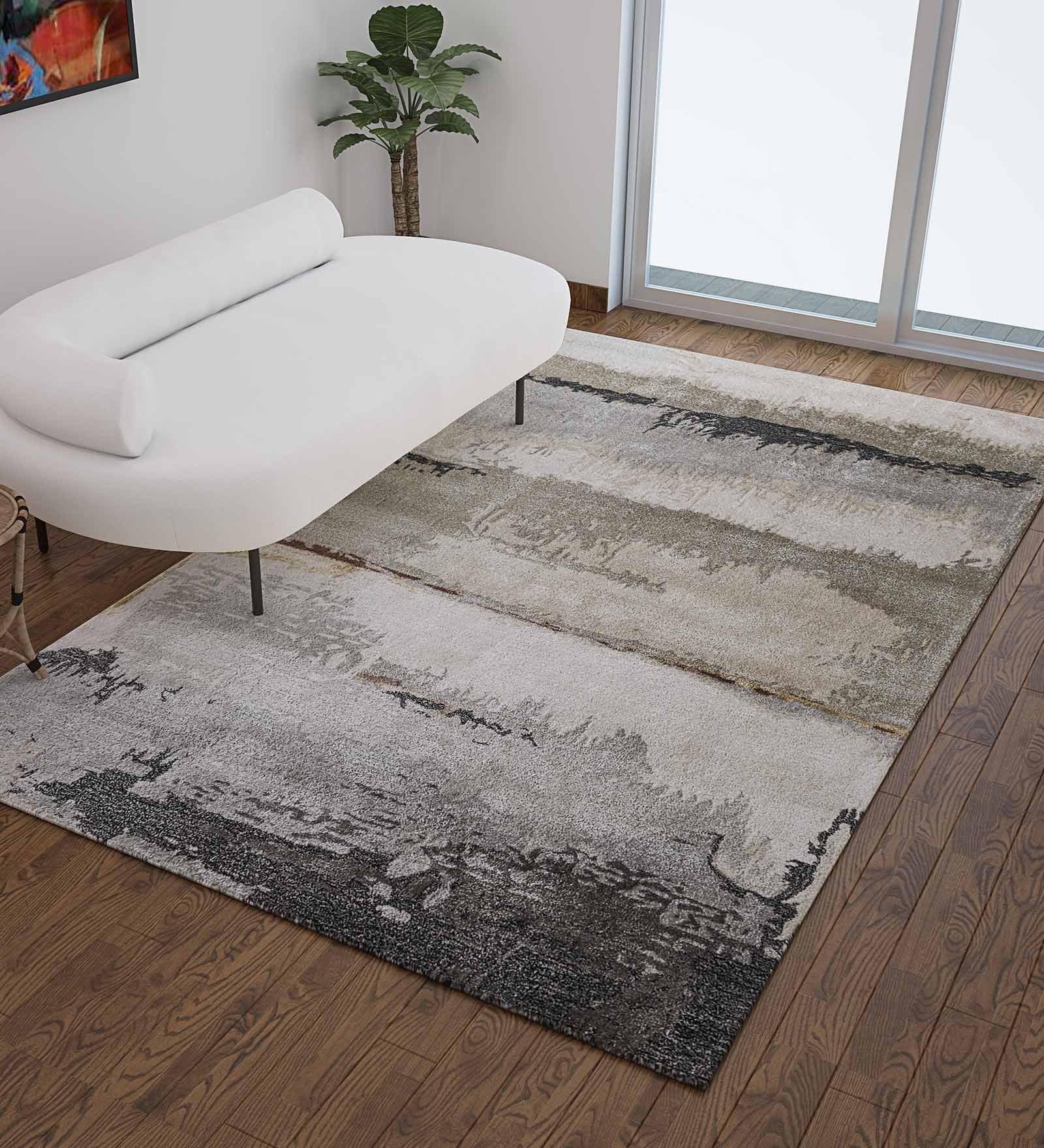 Grey Abstract Wool And Viscose 5 ft x 7 ft Hand Tufted Carpet