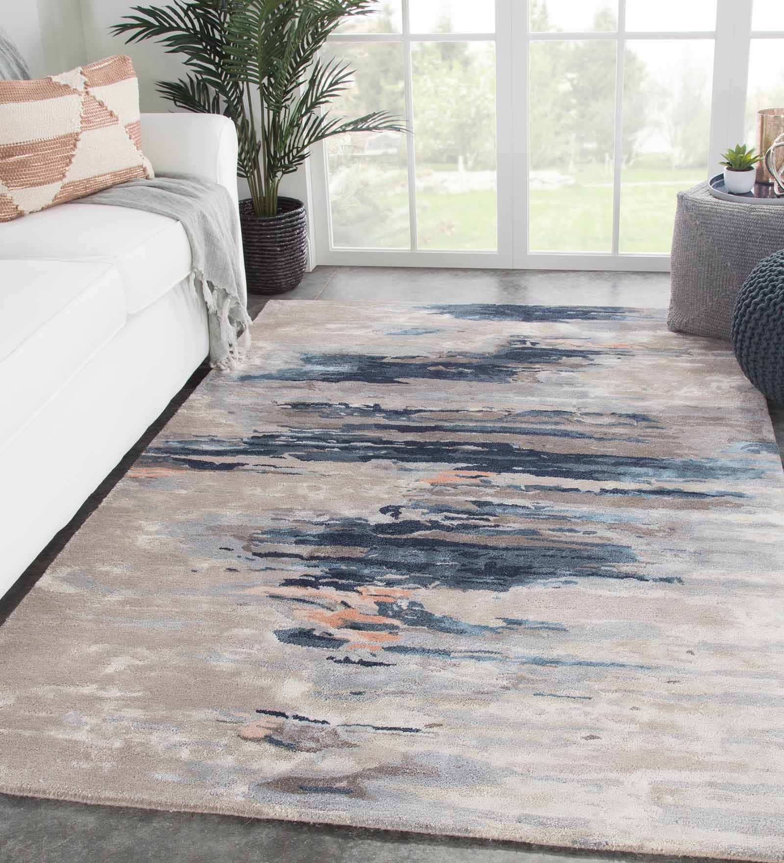 Blue Wool And Viscose Abstract 6 x 9 Feet Hand Tufted Carpet