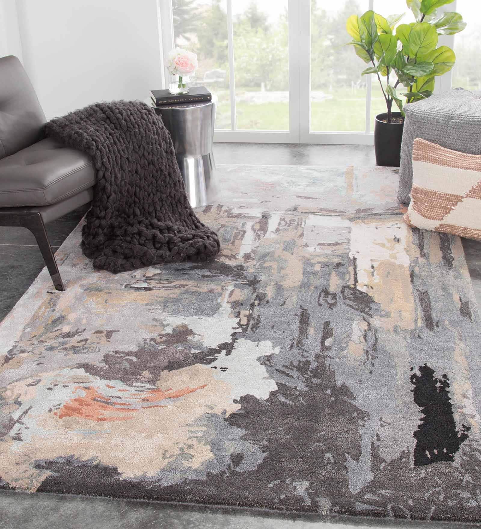 Grey Wool And Viscose Abstract 8 ft x 10 ft Hand Tufted Carpet