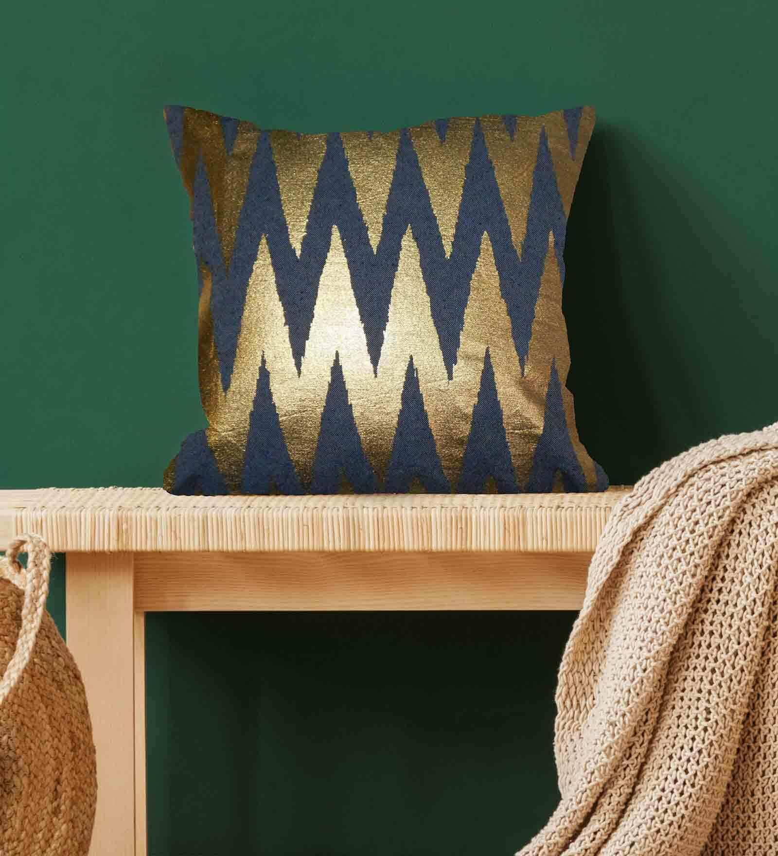 Blue Zig Zag Poly Cotton 16 x 16 Inches Cushion Cover
