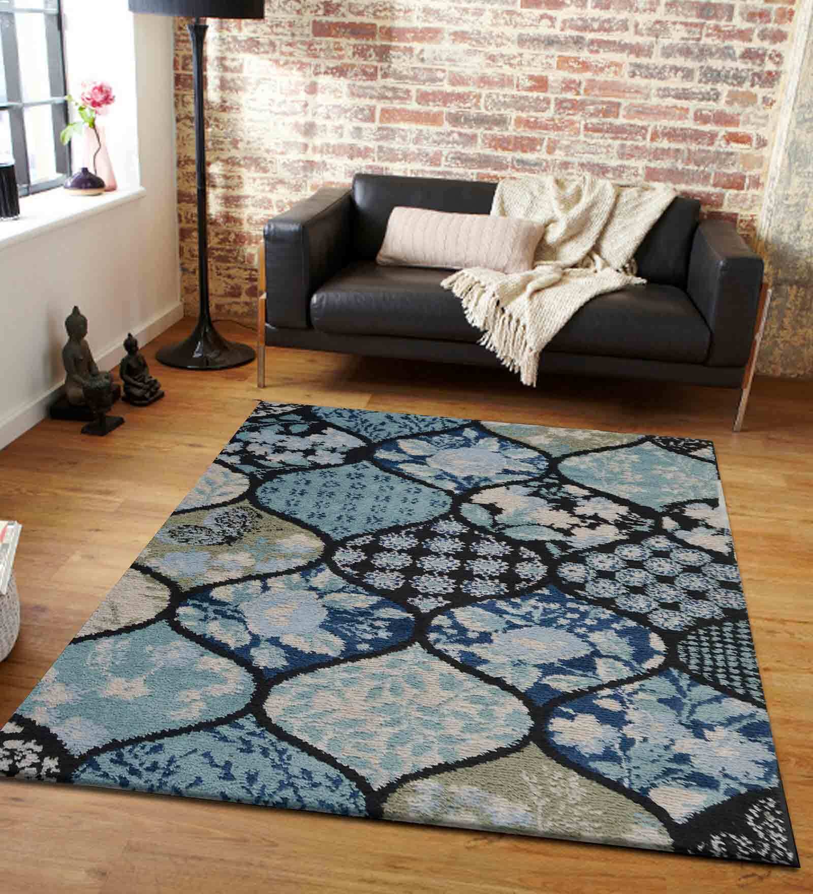 Blue Floral Polyester 6 ft x 9 ft Hand Tufted Carpet
