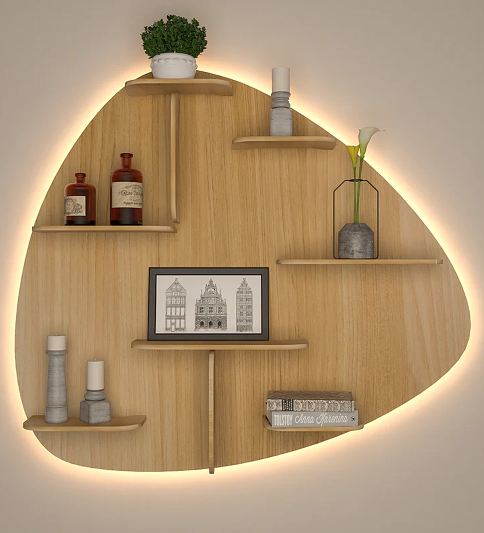 Abstract Shape Backlit Designer Wooden Wall Shelf