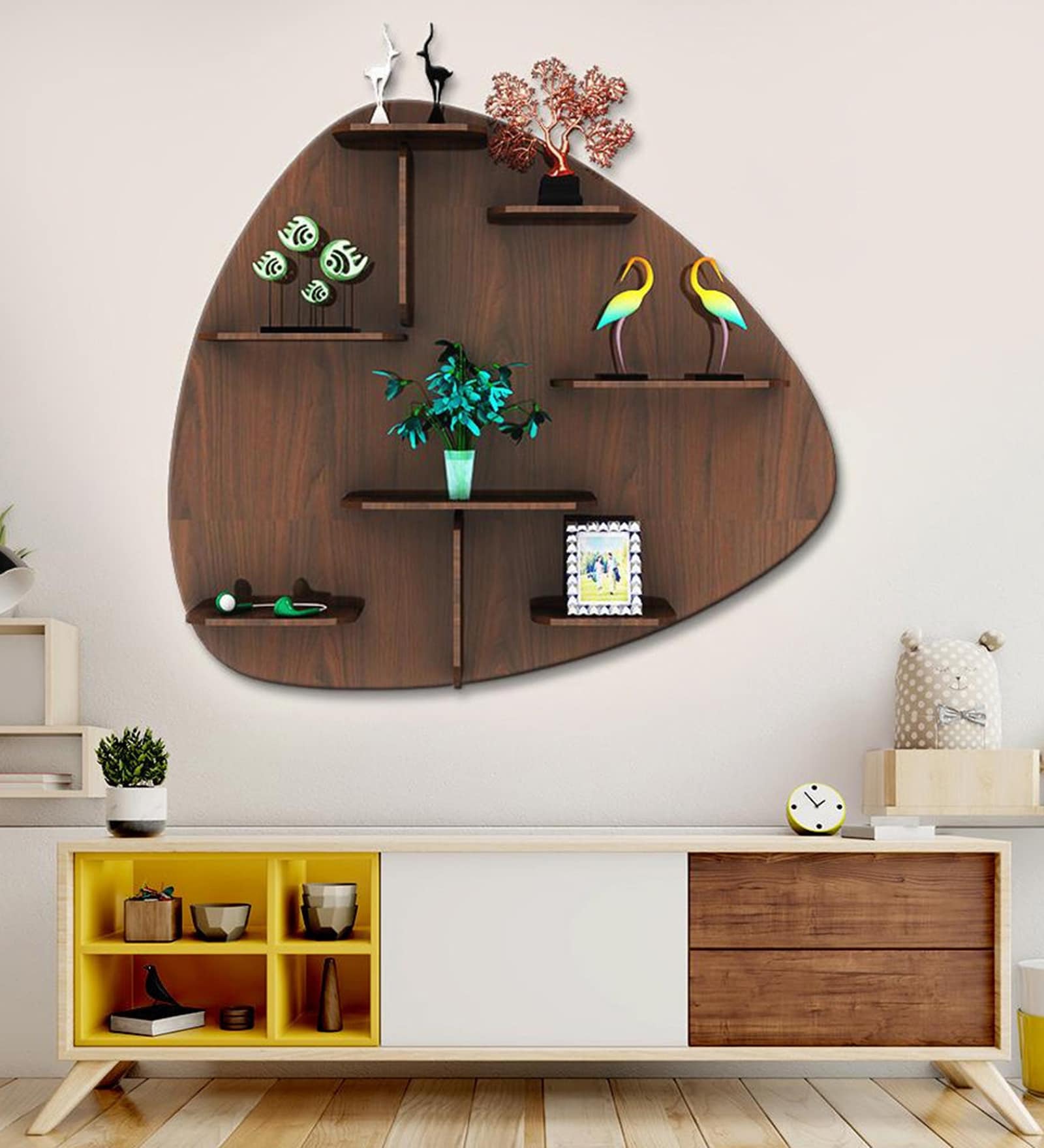 Abstract Shape Backlit Designer Wooden Wall Shelf