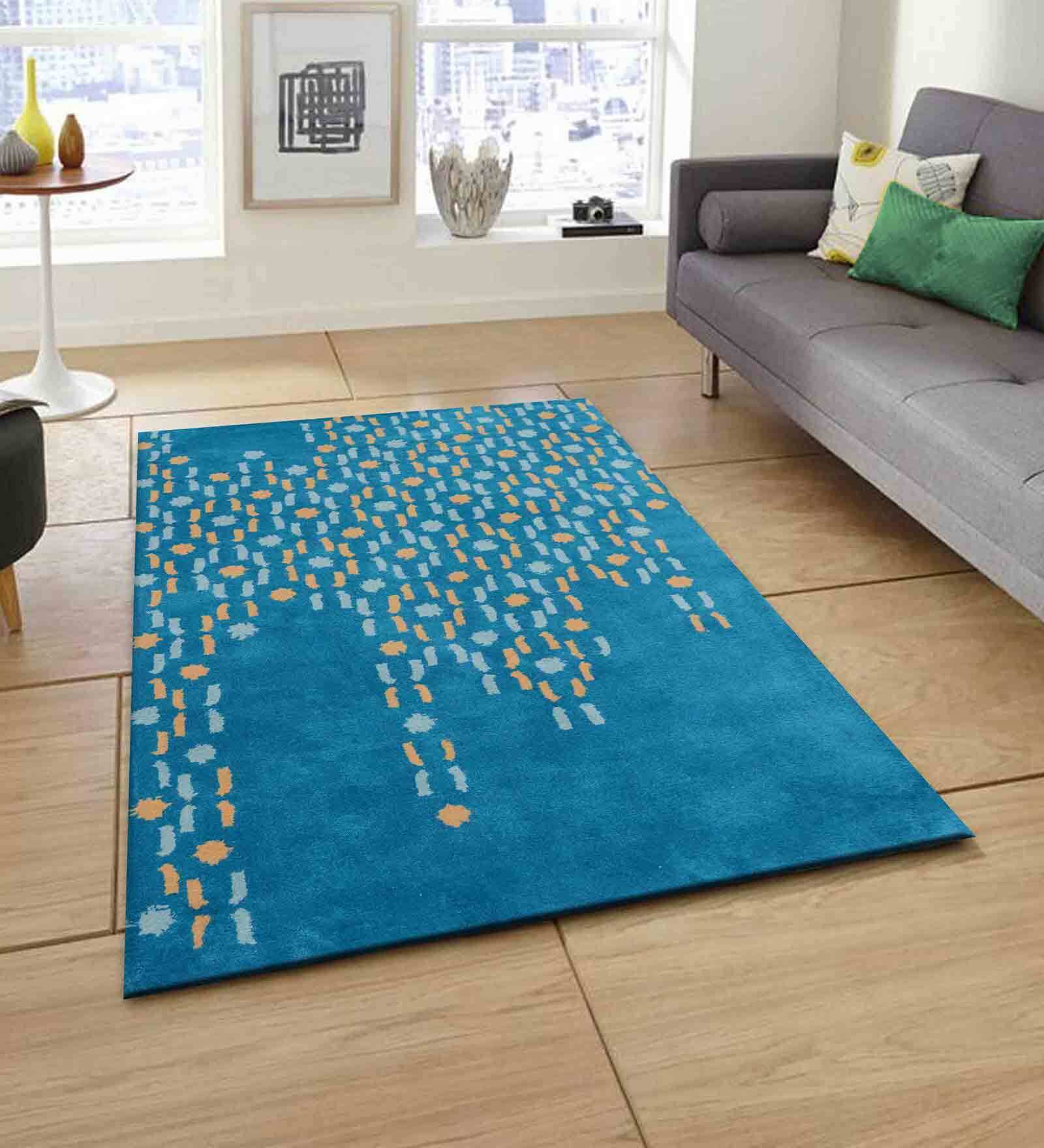 Blue Abstract Wool 4 ft x 6 ft Hand Tufted Carpet