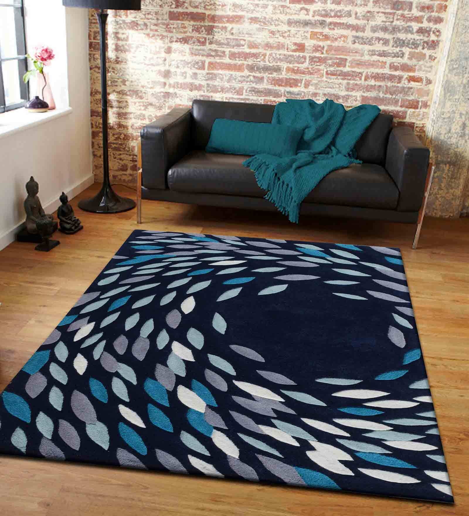 Blue Abstract Wool 5 ft x 7 ft Hand Tufted Carpet