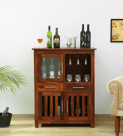 Abbey Sheesham Wood Bar Cabinet In Honey Oak Finish