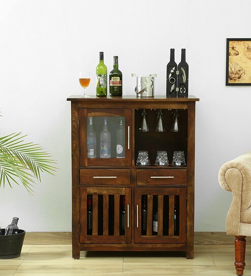 Abbey Sheesham Wood Bar Cabinet In Provincial Teak Finish