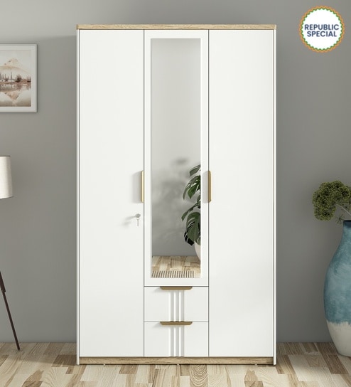 Abran 3 Door Wardrobe With Mirror & Locker In High Gloss White Finish