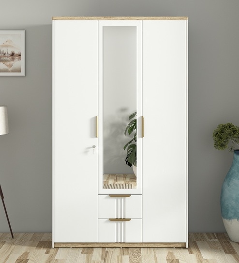 Abran 3 Door Wardrobe With Mirror & Locker In High Gloss White Finish