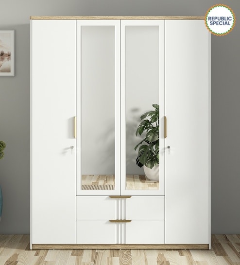 Abran 4 Door Wardrobe With Mirror & Locker In High Gloss White Finish
