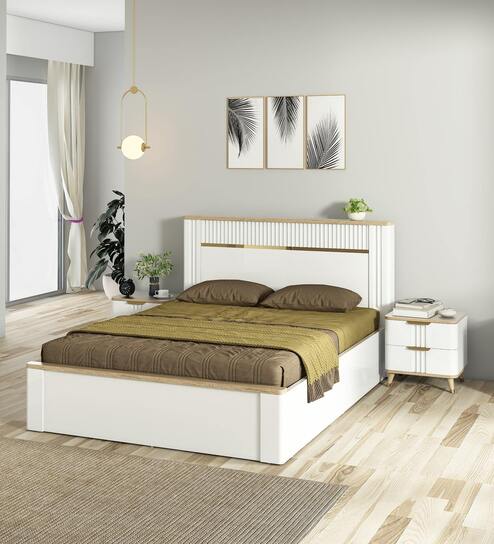 Abran King Size Bed With Full Hydraulic Storage In High Gloss White Finish
