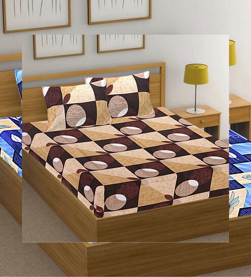 Brown Abstract Cotton Queen Double Size Bed Sheet With 2 Pillow Covers