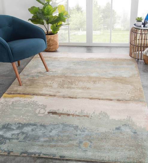 Blue Abstract Wool And Viscose 8 ft x 10 ft Hand Tufted Carpet
