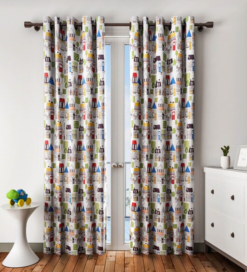 Buy Abstract House Print Orange Green Eyelet Curtain By Urban