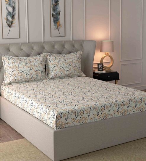 Orange Floral 210 TC Cotton 1 Double Bedsheet with 2 Pillow Covers by Maspar