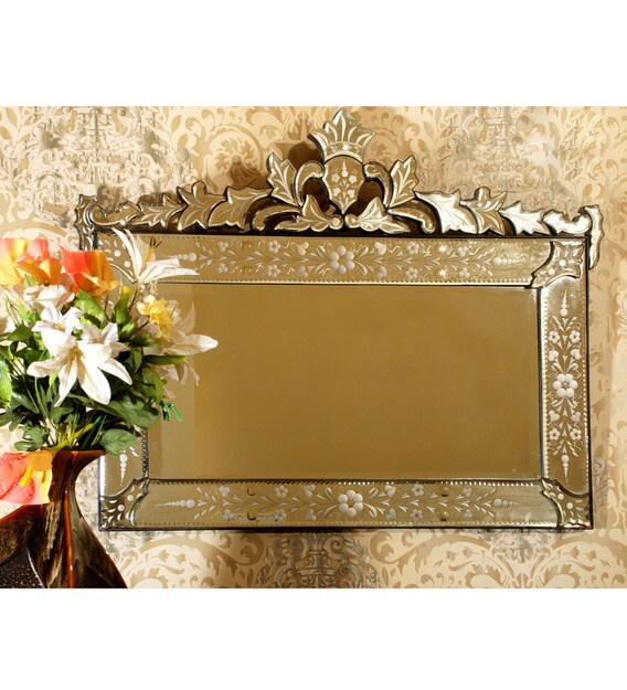 Buy Solid Wood Abstract Wall Mirror In Silver Colour By Venetian