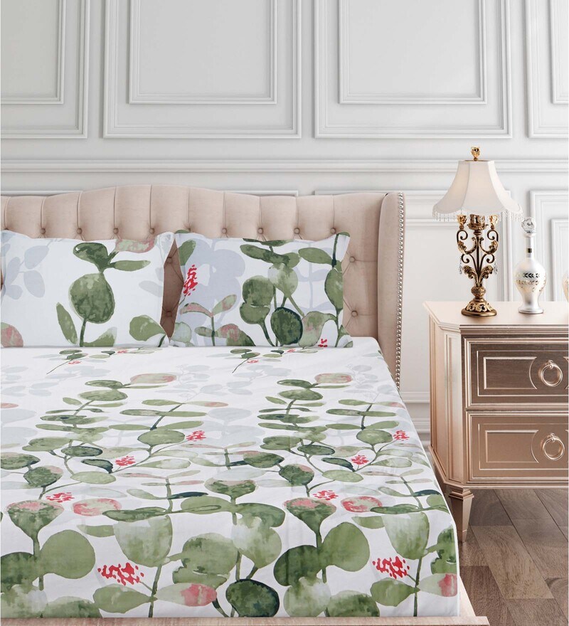 Buy Green Floral 210 TC Cotton King Sized Bed Sheets with 2 Pillow