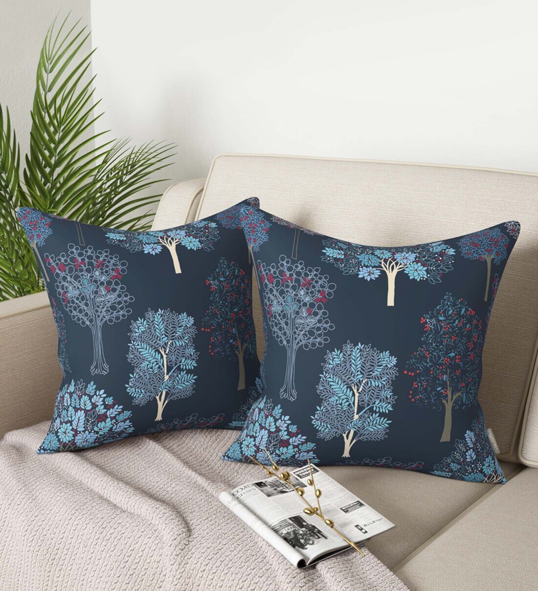 Buy Blue Floral Cotton 16x16 Inches Cushion Covers (Set of 2) by Petal